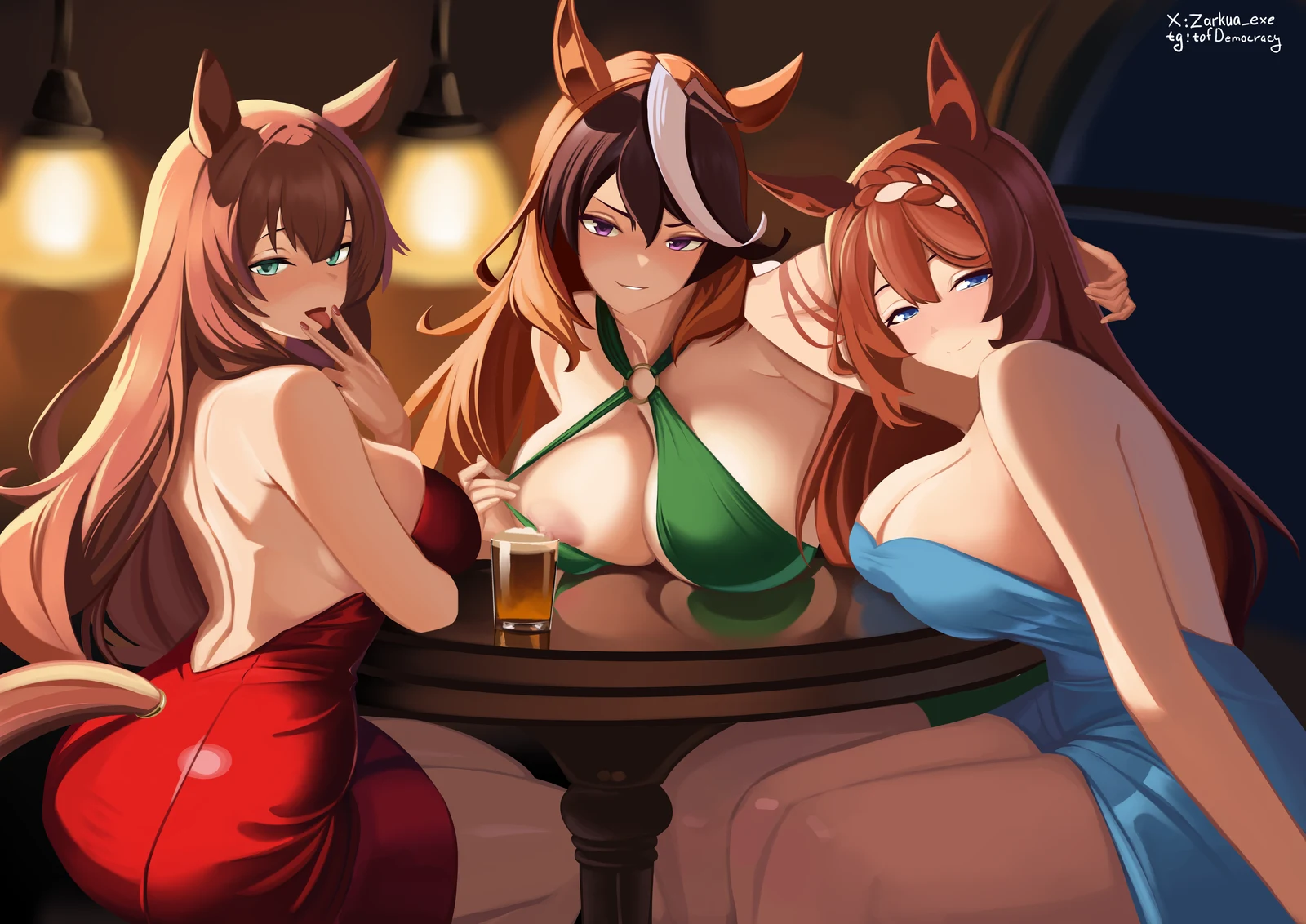 Пост #2496: zarkua_exe, umamusume, maruzensky_(umamusume), super_creek_(umamusume), symboli_rudolf_(umamusume), 3girls, alcohol, alternate_costume, animal_ears, blue_dress, breasts, clothes_pull, dress, dress_pull, drunk