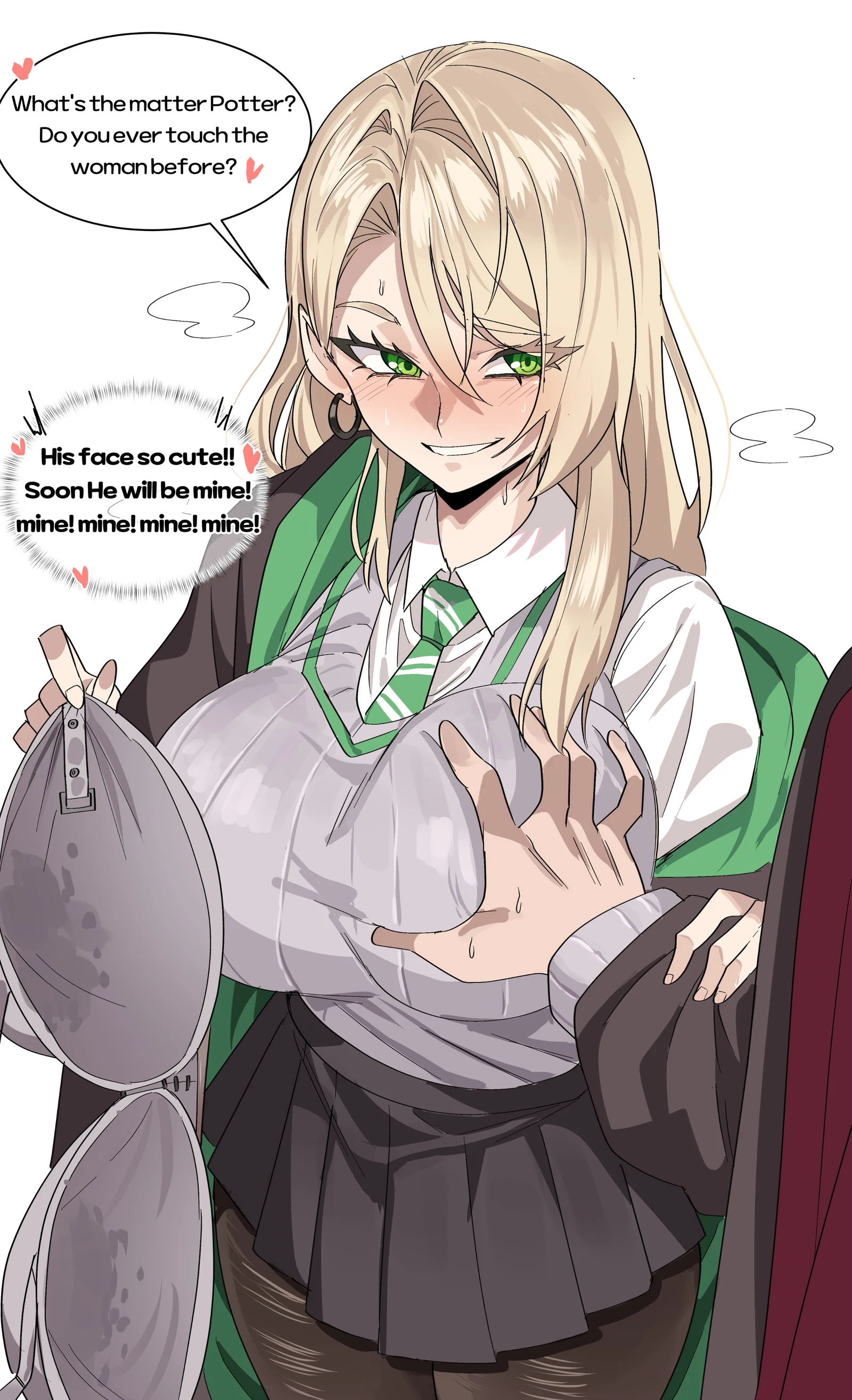 Пост #793: gamjasssak, my_234_wht, harry_potter_(series), wizarding_world, harry_potter, malfoid, 1boy, 1girl, blush, bra, breasts, collared_shirt, diagonal-striped_clothes, diagonal-striped_necktie, earrings