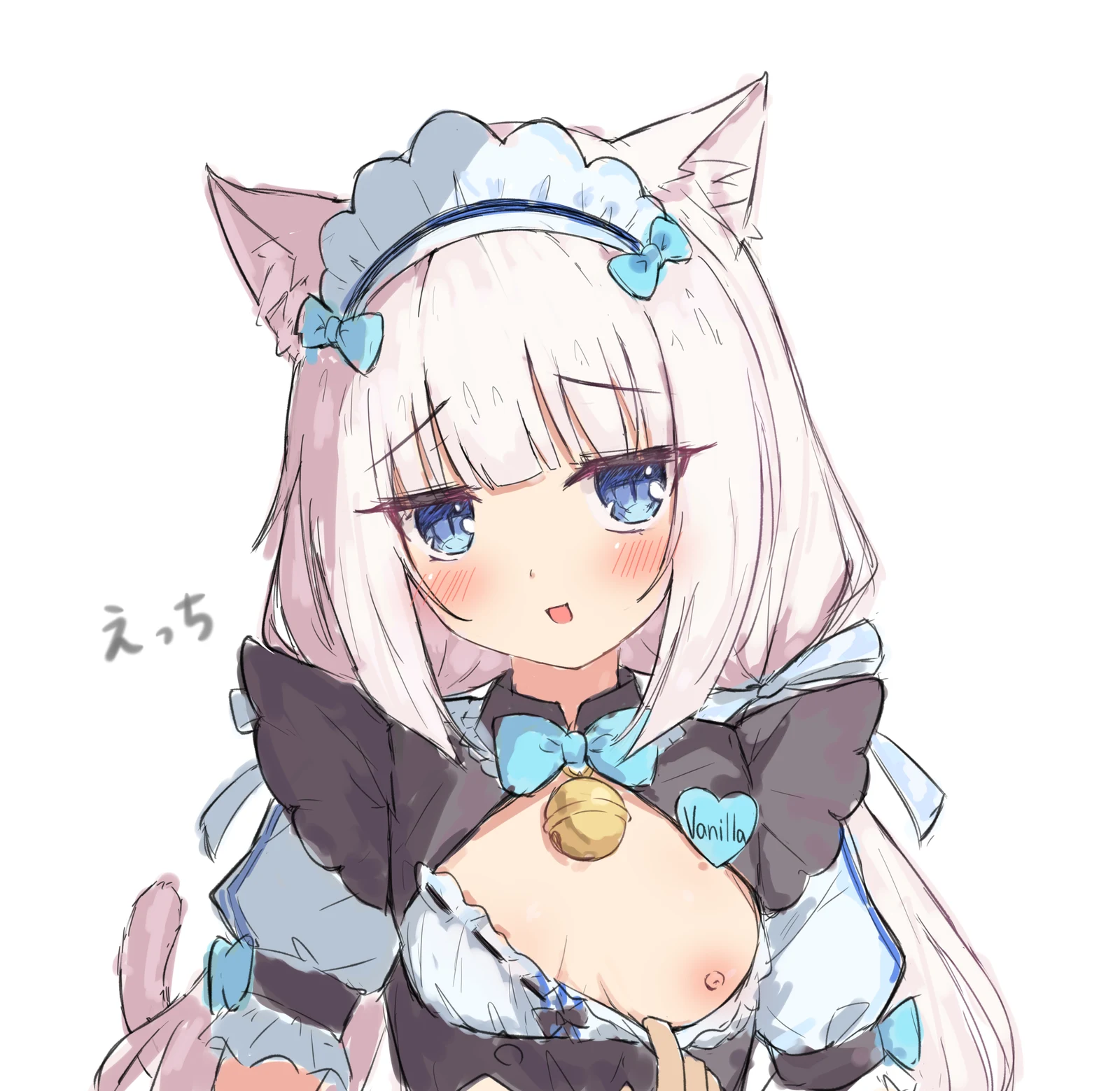 Пост #2693: tsubatyissimo2, nekopara, vanilla_(nekopara), :d, 1girl, animal_ear_fluff, animal_ears, apron, bell, black_apron, blue_bow, blue_bowtie, blue_eyes, blunt_bangs, blush