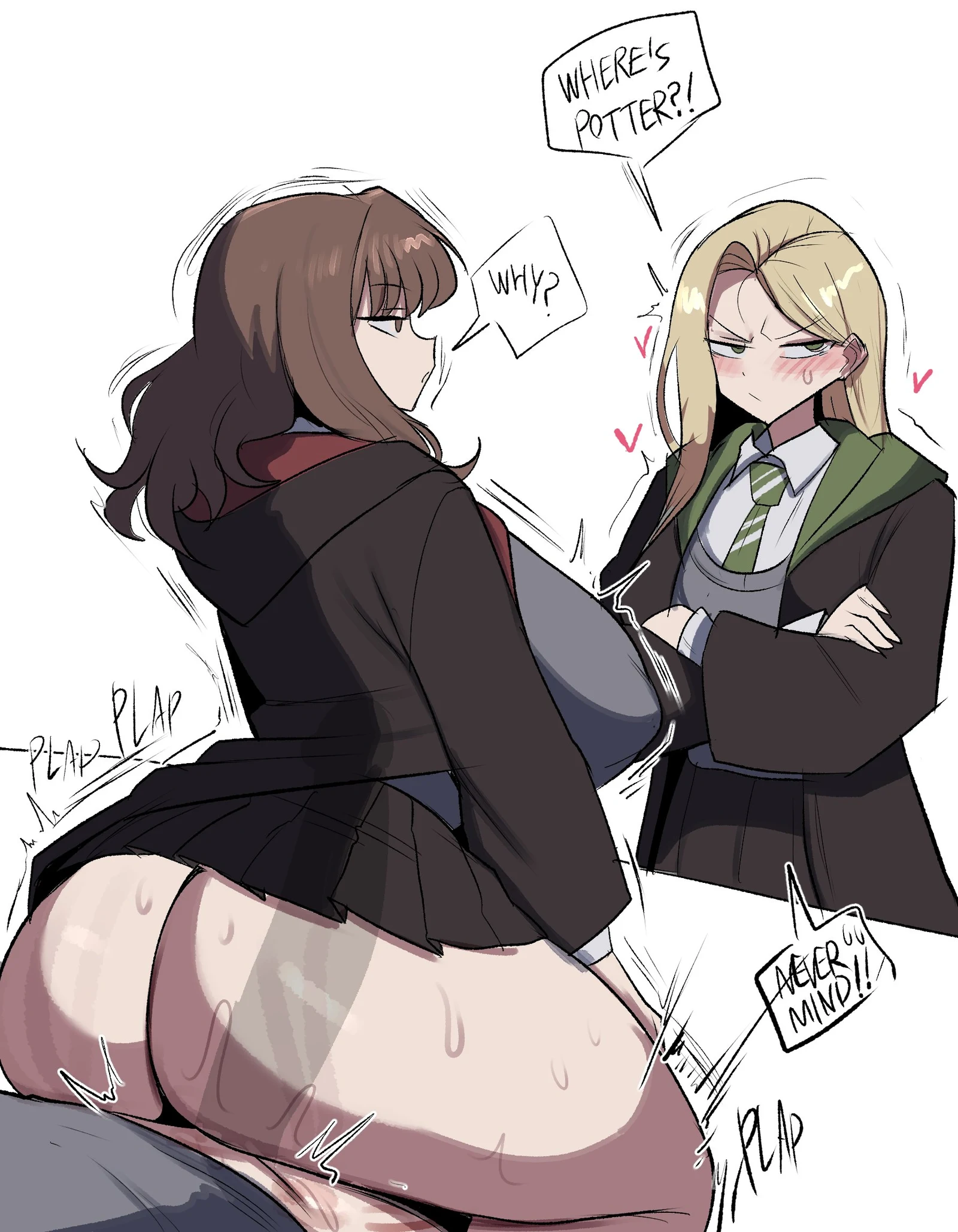 Пост #626: geulimykun, harry_potter_(series), wizarding_world, harry_potter, hermione_granger, malfoid, 1boy, 2girls, alternate_breast_size_(larger), animification, ass, averting_eyes, blonde_hair, blush, breasts