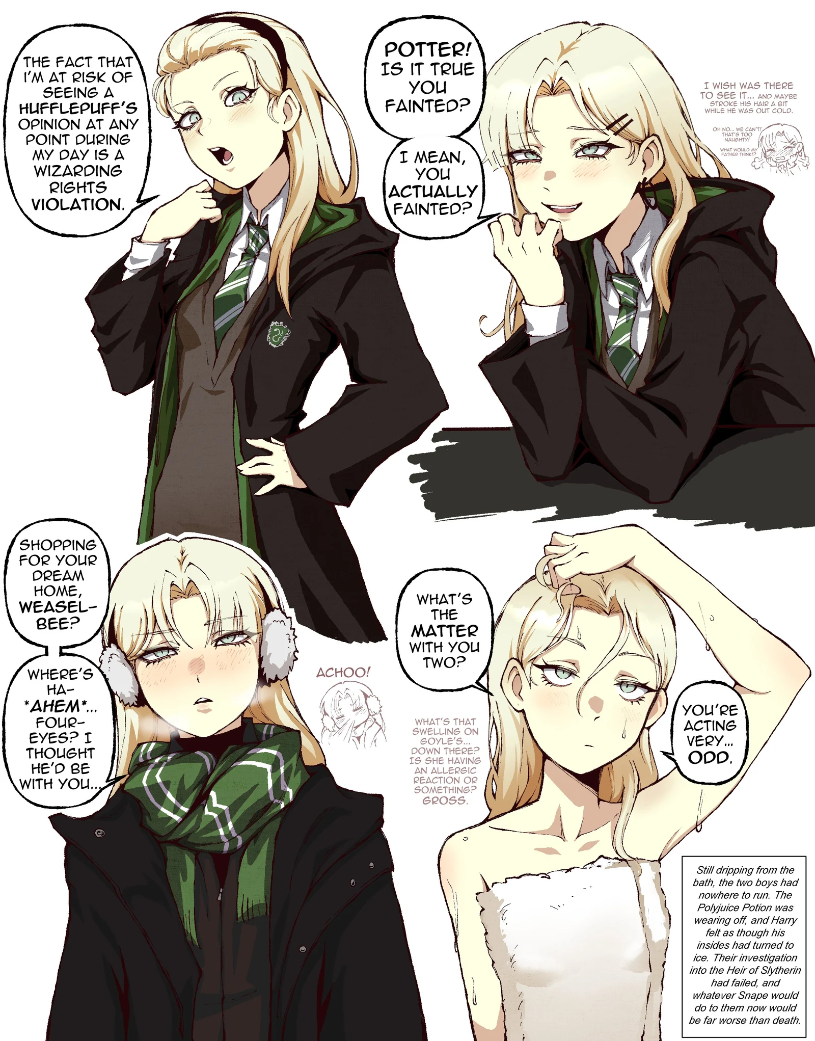 Пост #1172: kekel, harry_potter_(series), wizarding_world, malfoid, 1girl, black_cloak, black_hairband, blonde_hair, blush, cloak, curtained_hair, diagonal-striped_clothes, diagonal-striped_necktie, earmuffs, earrings