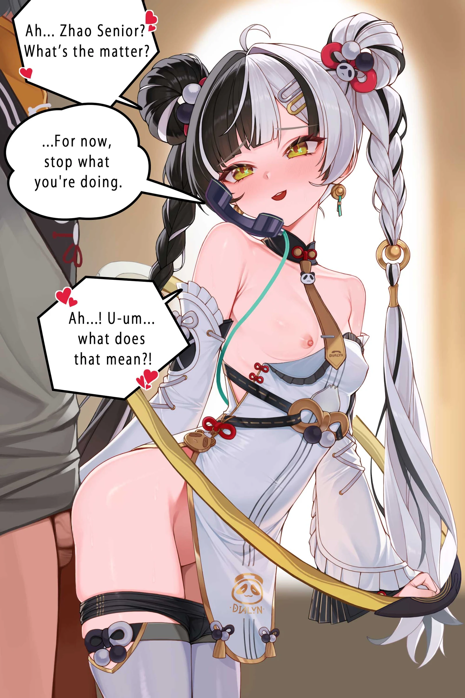 Пост #4012: hank_(gogaek), zenless_zone_zero, dialyn_(zenless_zone_zero), wise_(soaring_crane)_(zenless_zone_zero), wise_(zenless_zone_zero), 1boy, 1girl, bare_shoulders, belt, black_belt, black_hair, black_panties, blush, boyshort_panties, braid