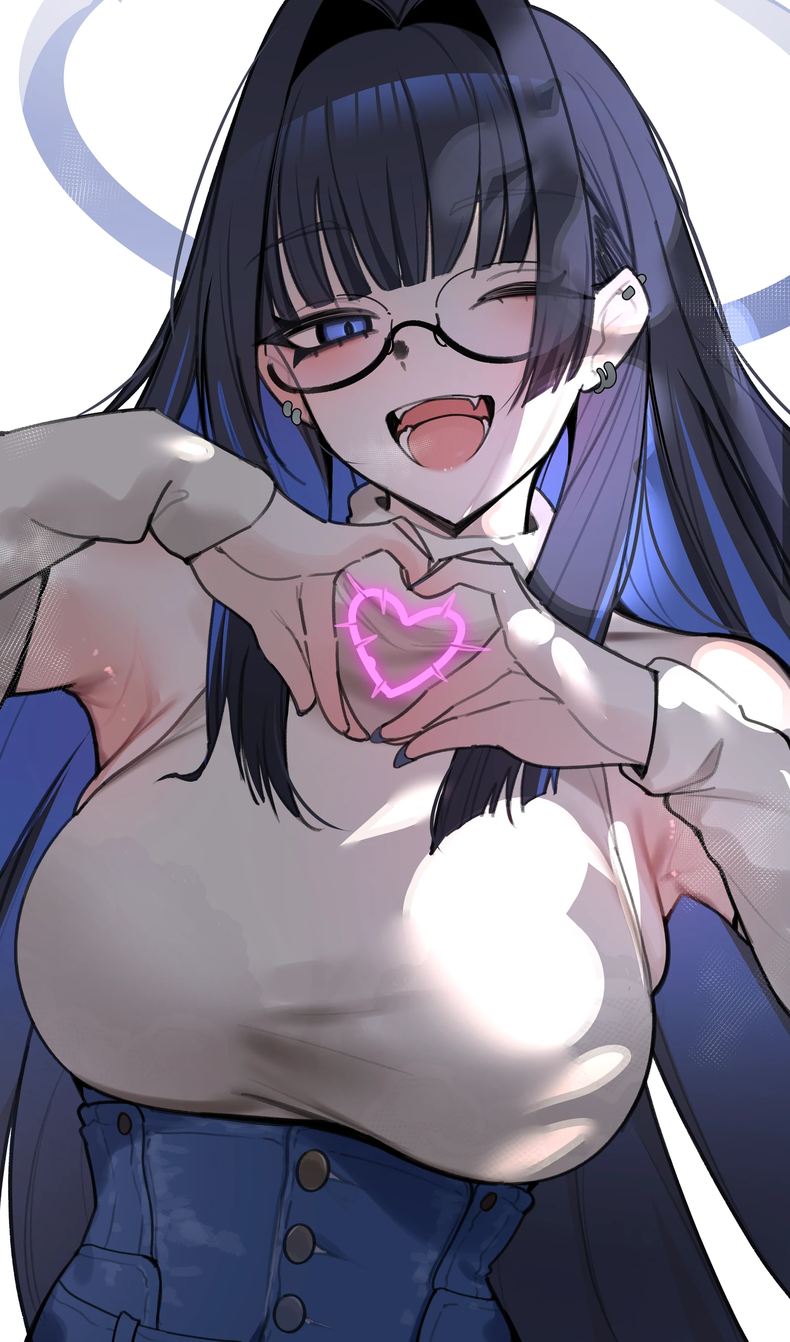 Пост #2365: doujenrad, hololive, hololive_english, ouro_kronii, ouro_kronii_(casual), ;d, :d, 1girl, armpits, blue_eyes, blue_hair, blue_pants, blunt_bangs, bra_visible_through_clothes, breasts