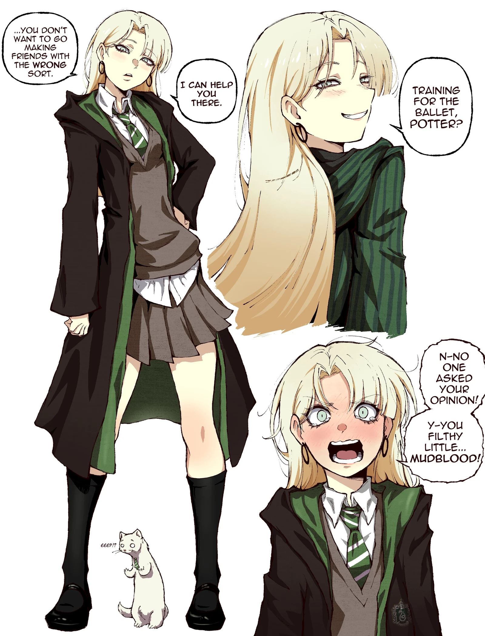 Пост #1438: kekel, harry_potter_(series), wizarding_world, malfoid, 1girl, alternate_costume, animalization, black_cloak, black_shoes, black_socks, blonde_hair, blush, cardigan, cloak, collared_shirt
