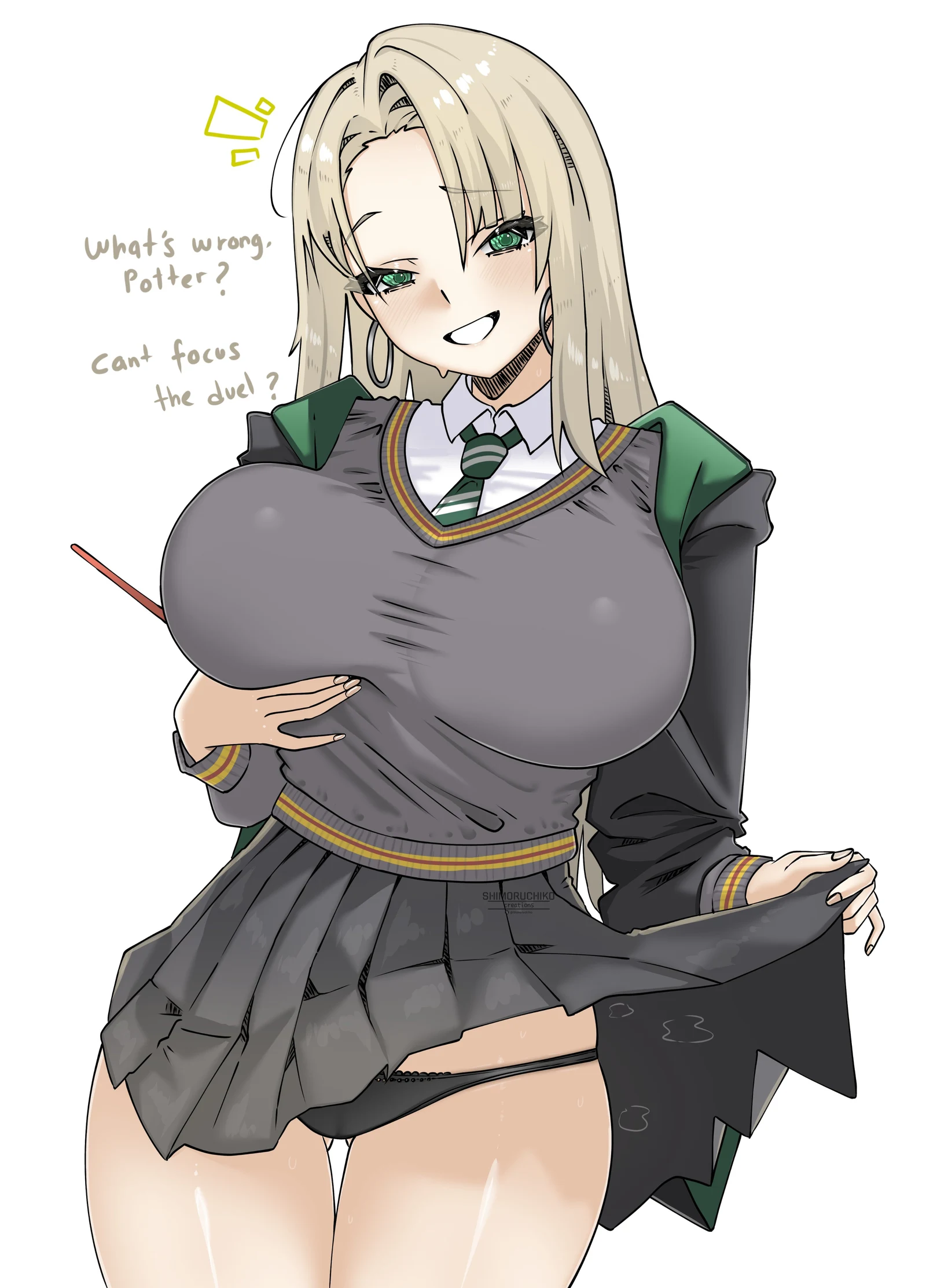 Пост #717: shimoruchiko, harry_potter_(series), wizarding_world, malfoid, 1girl, black_panties, blonde_hair, breasts, clothes_lift, earrings, english_text, genderswap, genderswap_(mtf), green_eyes, hand_on_own_chest