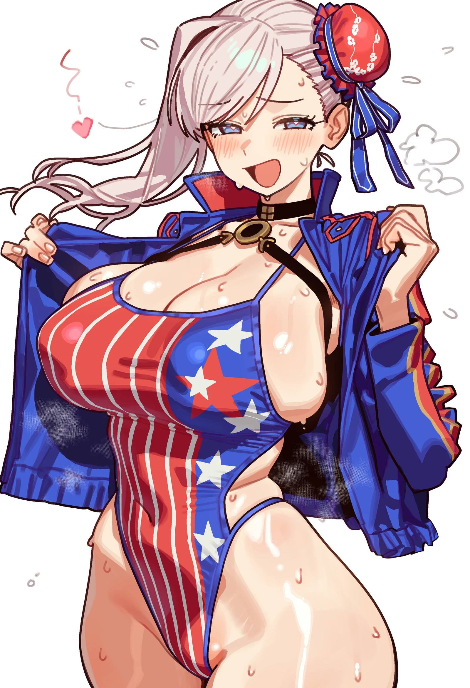 Пост #2974: ebora, fate_(series), fate/grand_order, miyamoto_musashi_(fate), miyamoto_musashi_(swimsuit_berserker)_(fate), :d, 1girl, adapted_costume, american_flag, american_flag_print, asymmetrical_hair, black_choker, blue_eyes, blue_jacket, breasts