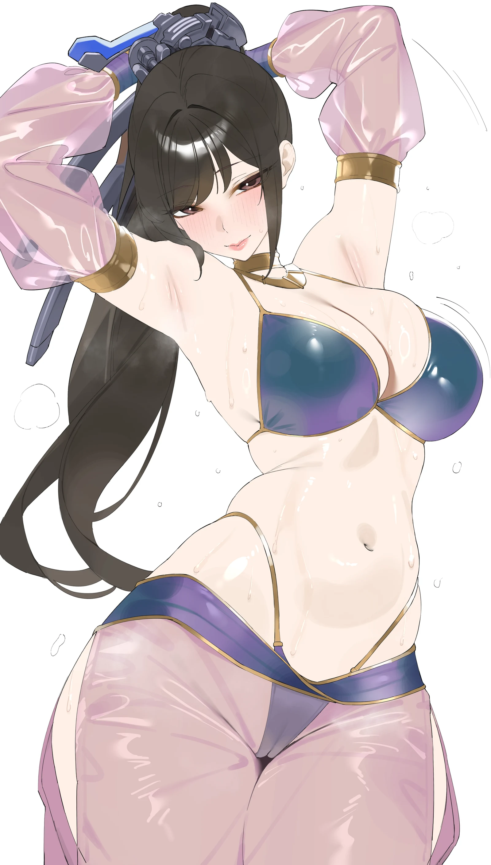 Пост #3307: byeon_dha, shift_up, stellar_blade, eve_(stellar_blade), 1girl, arabian_clothes, armpits, arms_up, bare_shoulders, belly_dancing, black_hair, blunt_bangs, blush, bra, breasts