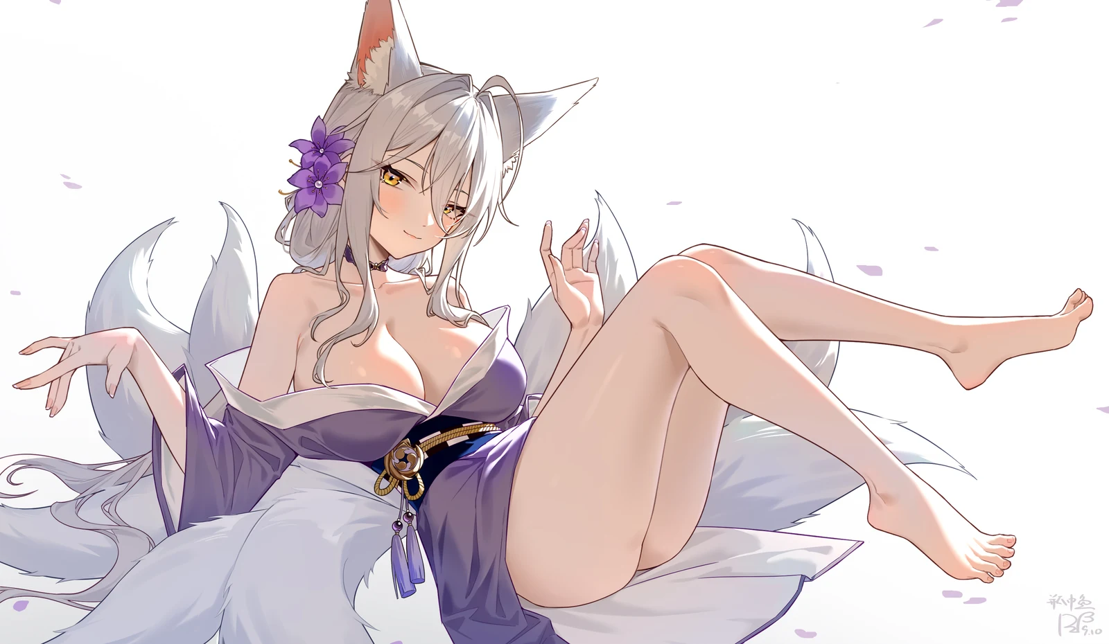 Пост #4026: ping_zhong_yu, azur_lane, hakuhou_(azur_lane), hakuhou_(sunshower_fox_bride)_(azur_lane), 1girl, ahoge, animal_ear_fluff, animal_ears, bare_legs, barefoot, blue_sash, breasts, closed_mouth, dated, falling_petals