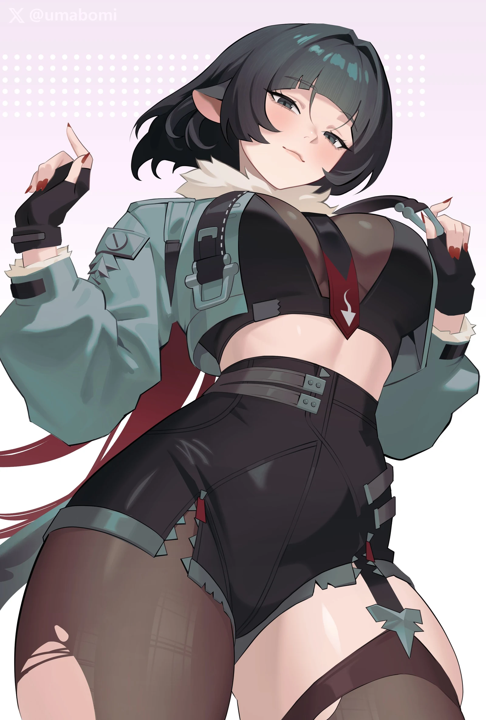 Пост #4015: umabomi, zenless_zone_zero, jane_doe_(zenless_zone_zero), 1girl, animal_ears, black_gloves, black_hair, black_pantyhose, black_shorts, black_tank_top, black_thighhighs, breasts, crop_top, fingerless_gloves, fur_trim