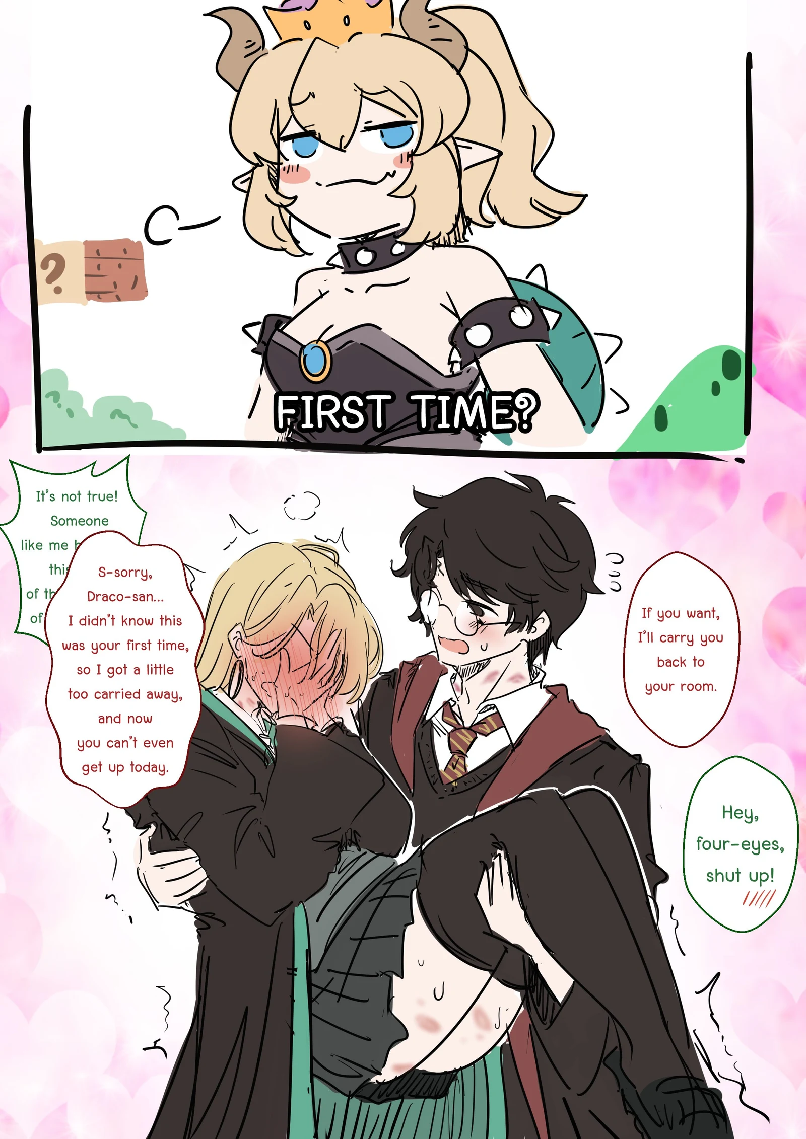 Пост #1026: sesield, harry_potter_(series), mario_(series), wizarding_world, bowsette, harry_potter, malfoid, 1boy, 2girls, armlet, bare_shoulders, bite_mark, black_hair, black_robe, blonde_hair