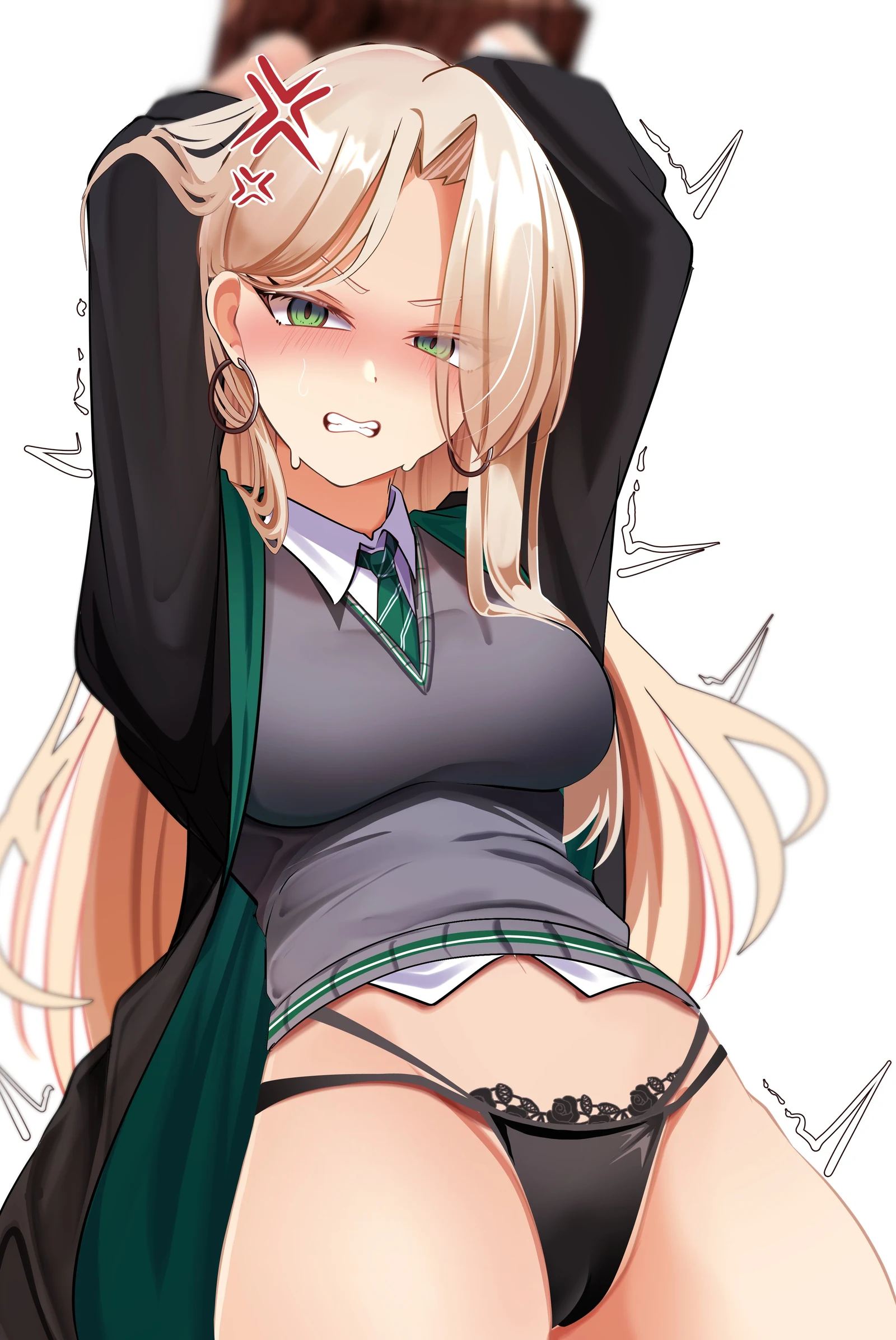 Пост #916: whin, harry_potter_(series), wizarding_world, malfoid, 1girl, anger_vein, arms_up, black_panties, black_robe, blonde_hair, blurry, blurry_background, blush, bound, bound_wrists