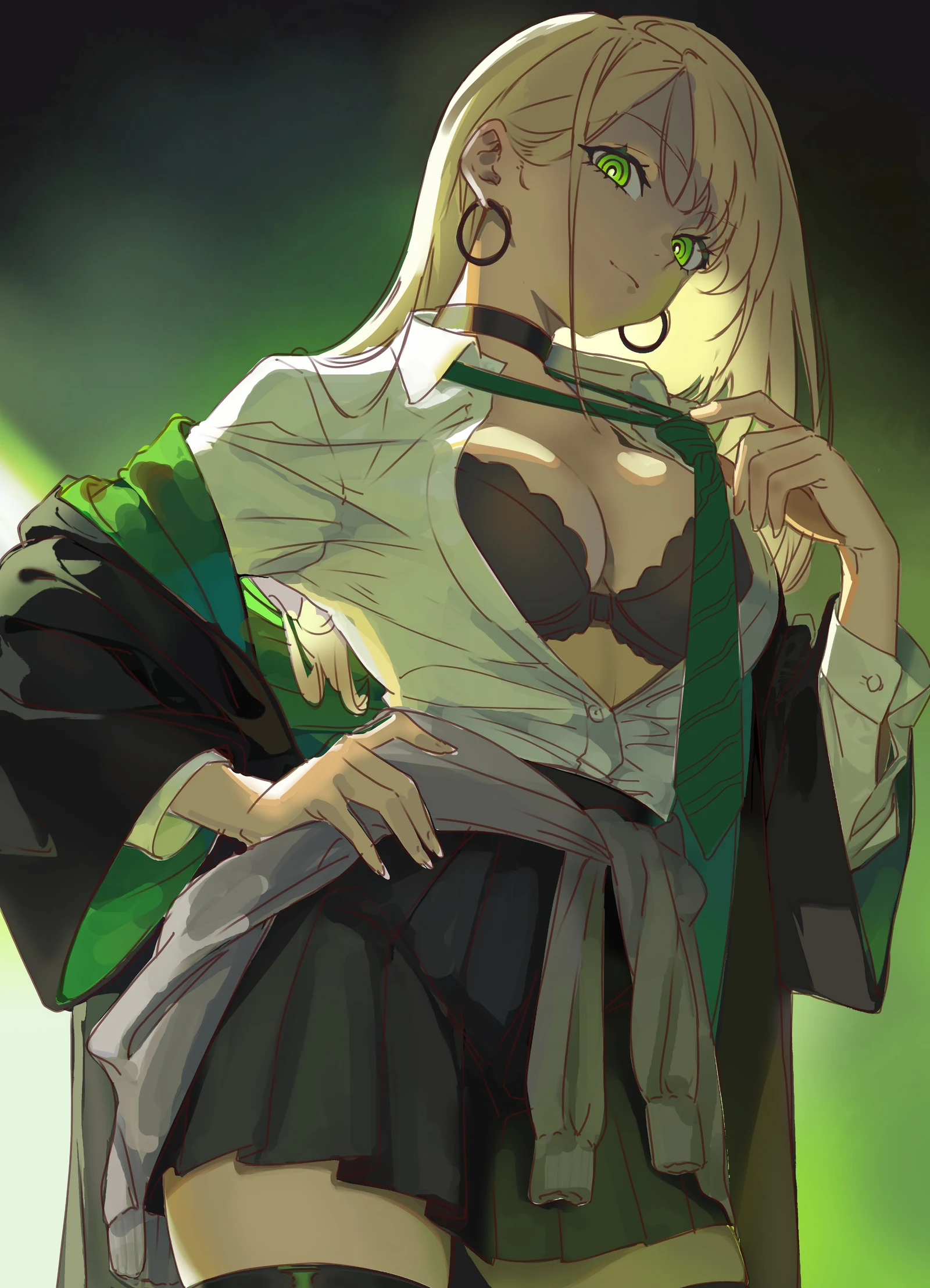 Пост #749: nitsuga_zenitram, harry_potter_(series), wizarding_world, malfoid, 1girl, black_bra, black_choker, black_robe, black_skirt, blonde_hair, bra, breasts, choker, closed_mouth, clothes_around_waist