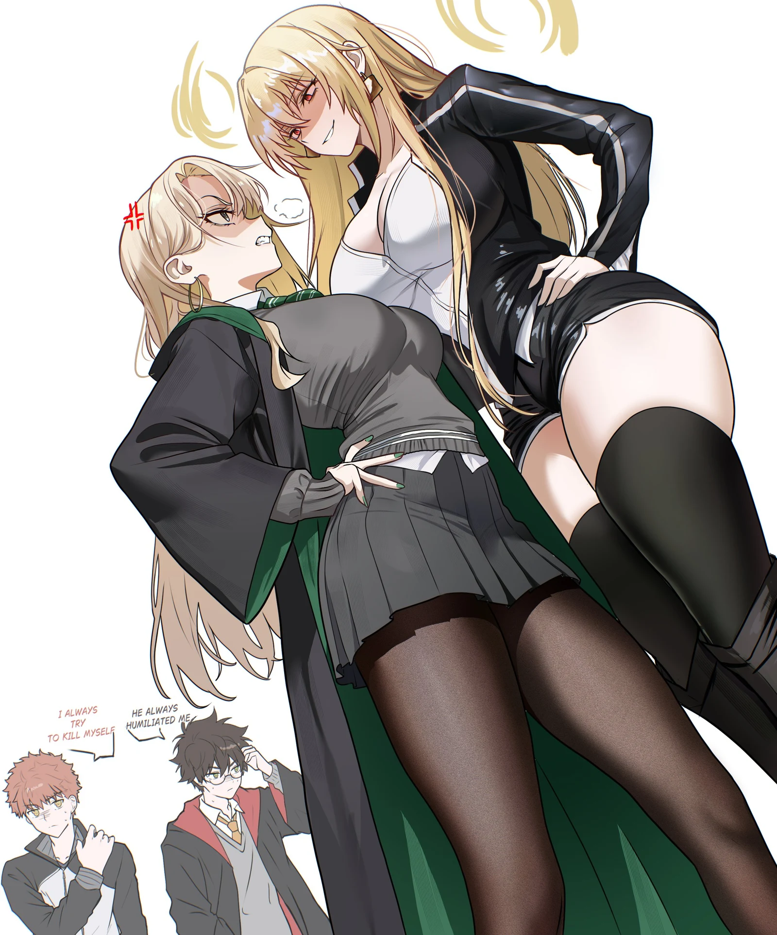 Пост #634: shokobr, fate_(series), fate/stay_night, harry_potter_(series), wizarding_world, emiya_shirou, gilgamesh_(fate), gilgamesh_(immoral_biker_jacket)_(fate), harry_potter, malfoid, 1boy, 2girls, black_boots, black_cloak, black_jacket