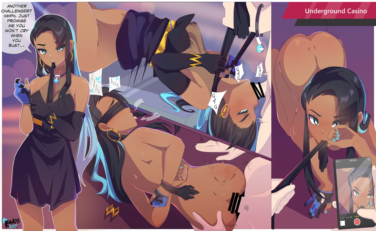 Пост #3876: kiakisart, pokemon, pokemon_sword_and_shield, nessa_(pokemon), 1boy, 1girl, adjusting_clothes, adjusting_gloves, all_fours, alternate_costume, alternate_hairstyle, artist_name, ass, bar_censor, bare_shoulders