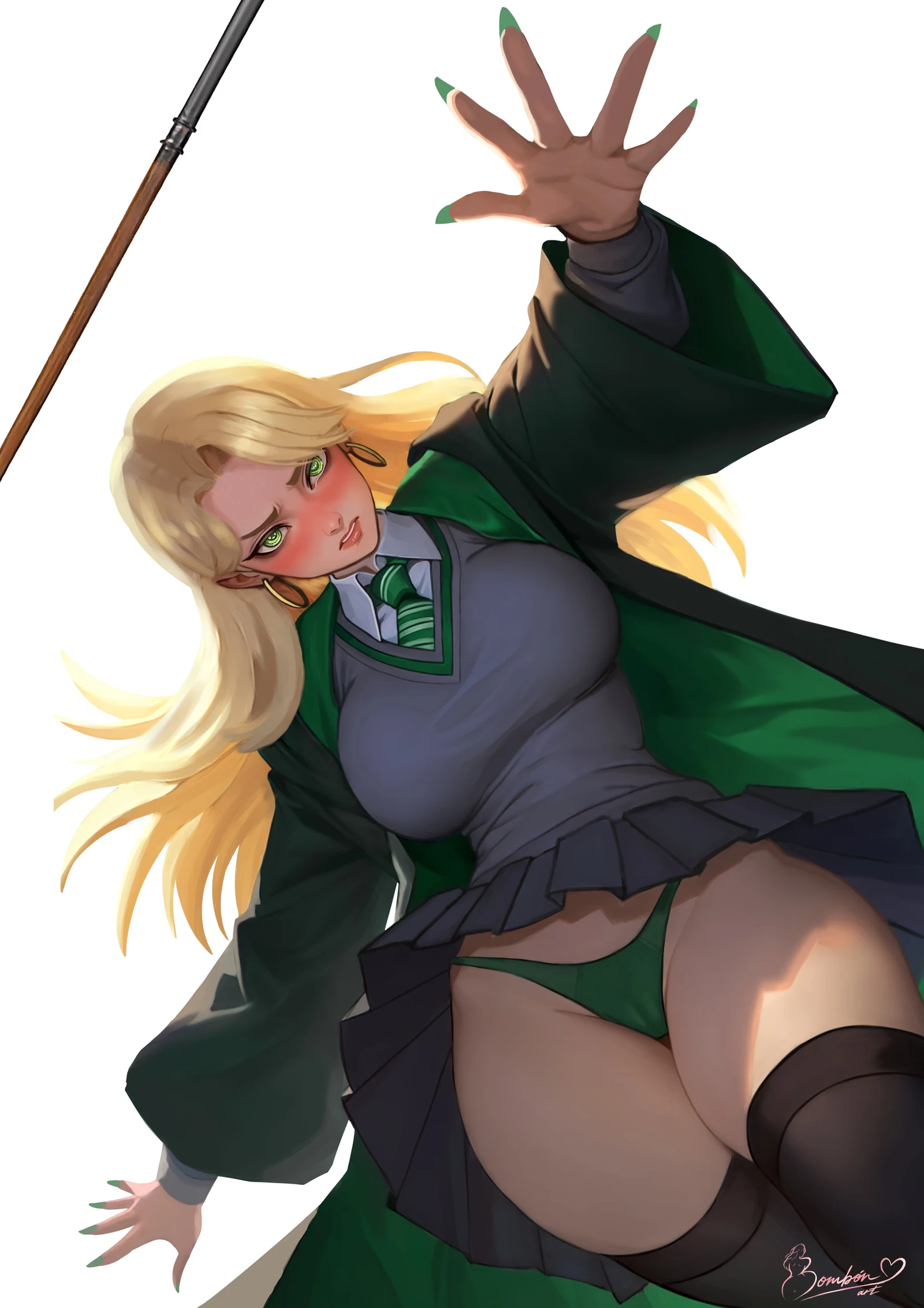 Пост #727: bombonart22, harry_potter_(series), wizarding_world, malfoid, 1girl, black_robe, black_thighhighs, blonde_hair, breasts, cameltoe, cardigan, diagonal-striped_clothes, earrings, genderswap, genderswap_(mtf)