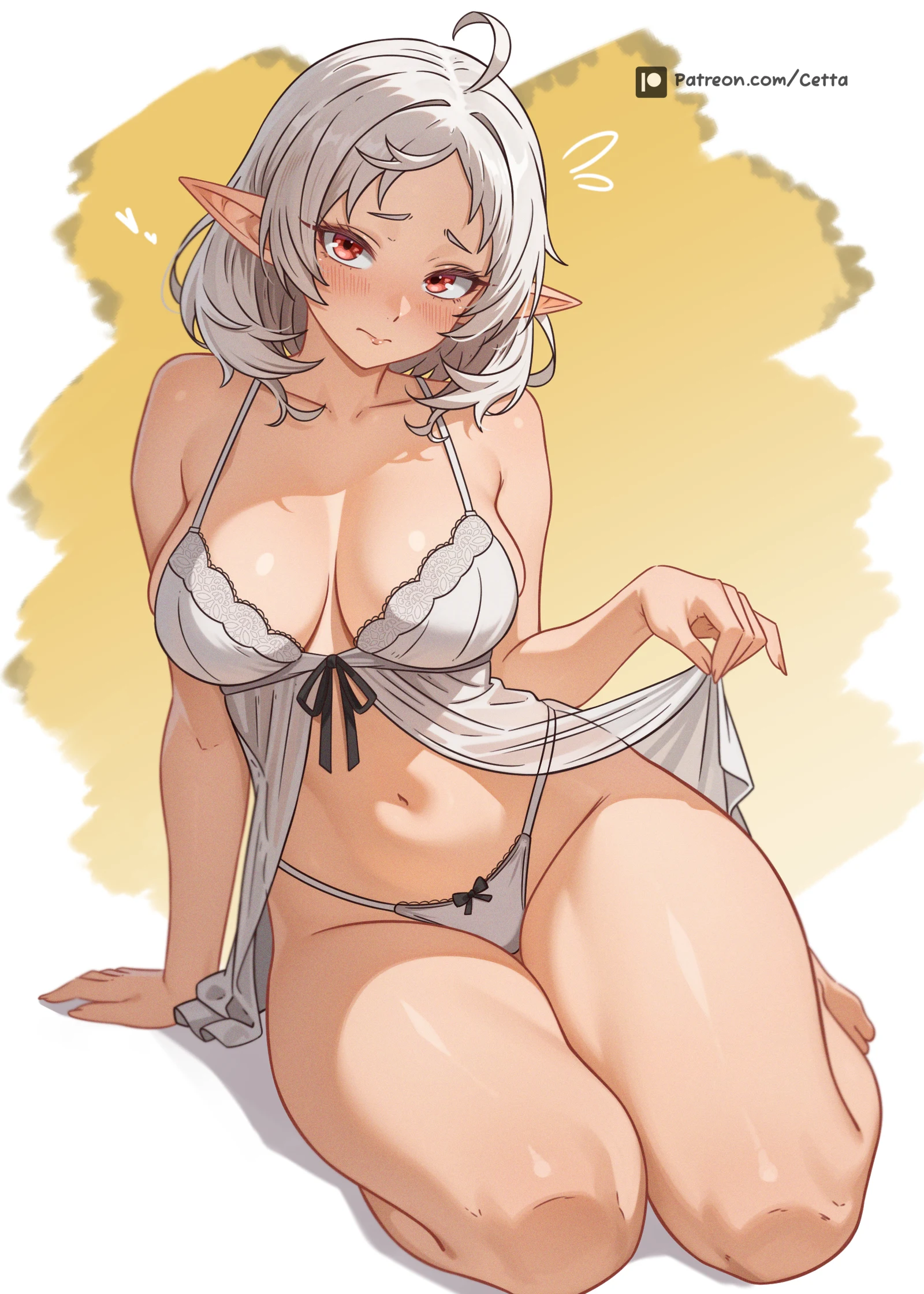 Пост #480: reus_(cetta), mushoku_tensei, sylphiette_(mushoku_tensei), 1girl, ahoge, alternate_breast_size_(larger), babydoll, barefoot, blush, breasts, cleavage, elf, full_body, large_breasts, looking_at_viewer