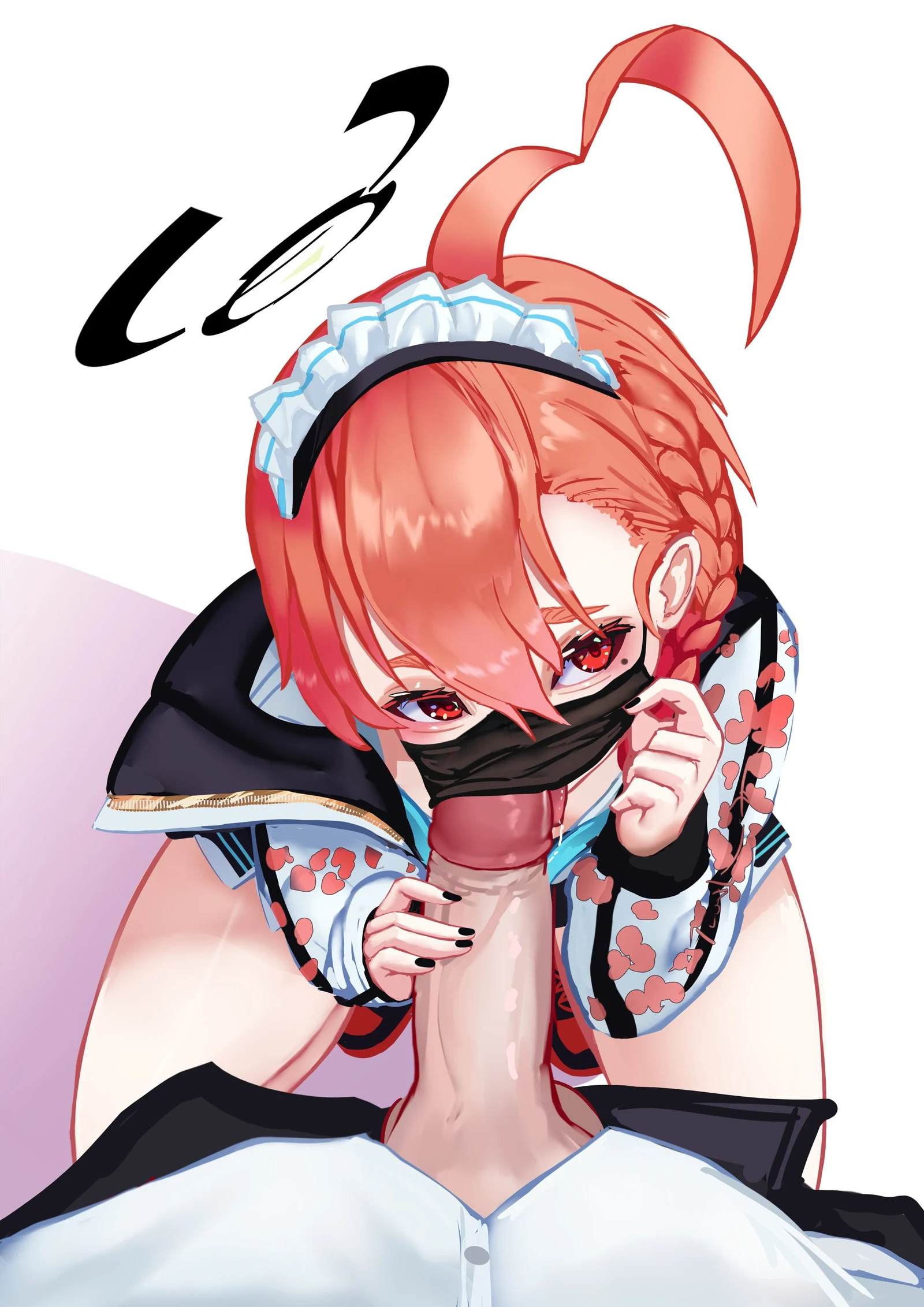 Пост #3794: rancidronin, blue_archive, neru_(blue_archive), 1girl, ahoge, black_halo, black_nails, braid, fellatio, fellatio_under_mask, from_above, halo, hand_up, heart, heart_ahoge