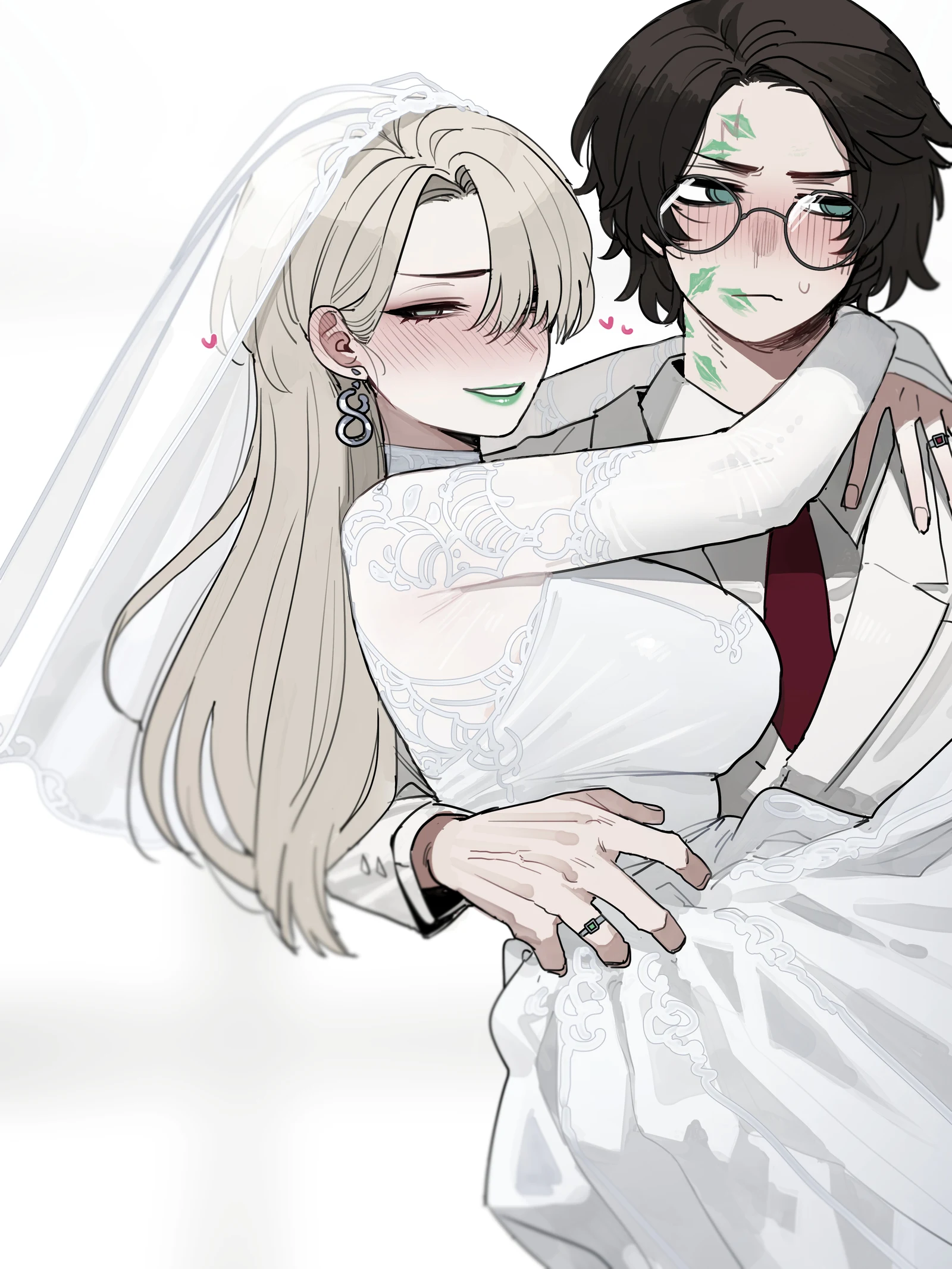 Пост #507: ratatatat74, harry_potter_(series), wizarding_world, harry_potter, malfoid, 1boy, 1girl, alternate_costume, blonde_hair, blush, breasts, bridal_veil, bride, collared_shirt, dress