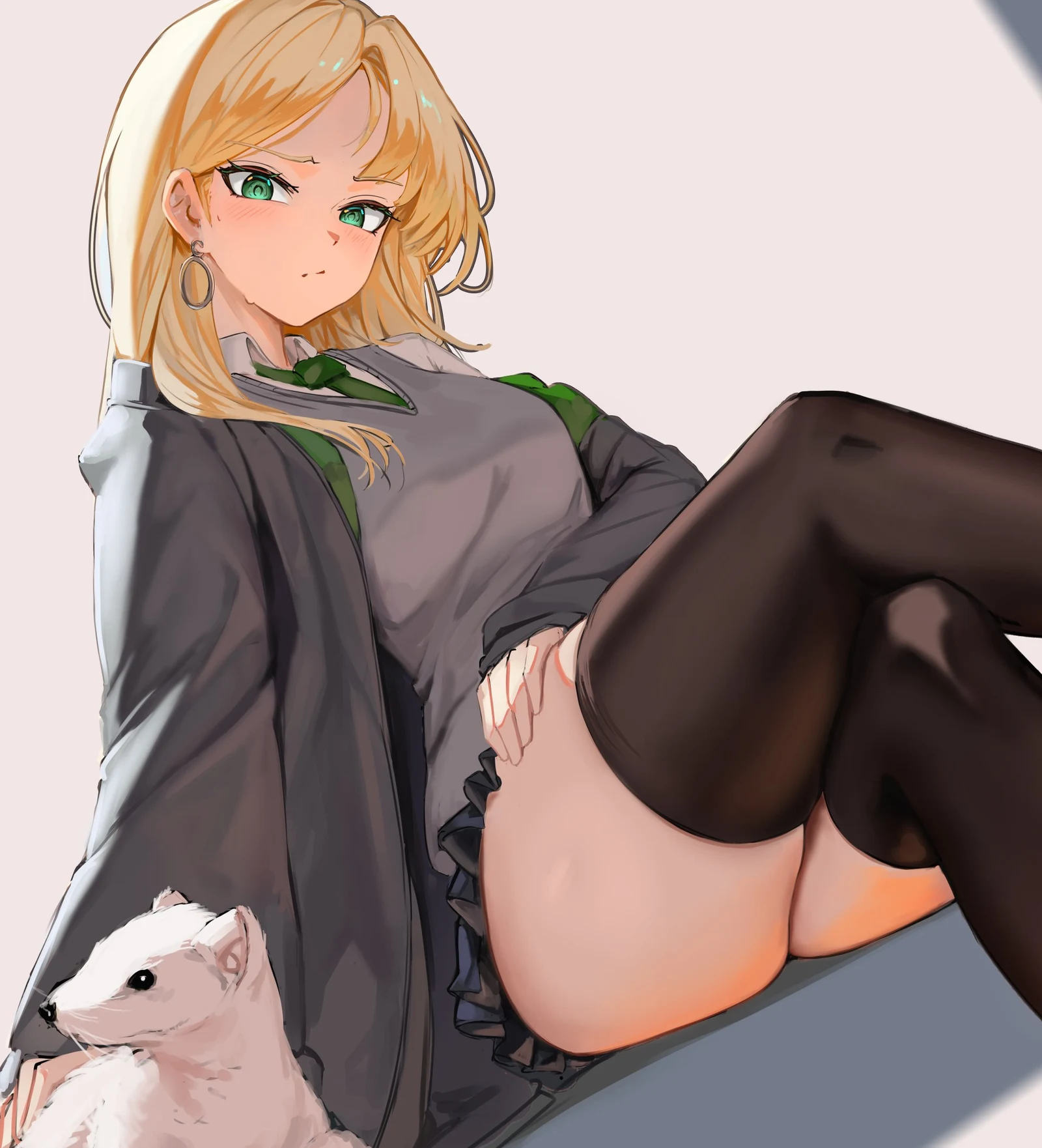 Пост #538: lazyhj, harry_potter_(series), wizarding_world, malfoid, :/, 1girl, black_robe, black_skirt, black_thighhighs, blonde_hair, blush, breasts, crossed_legs, earrings, ferret
