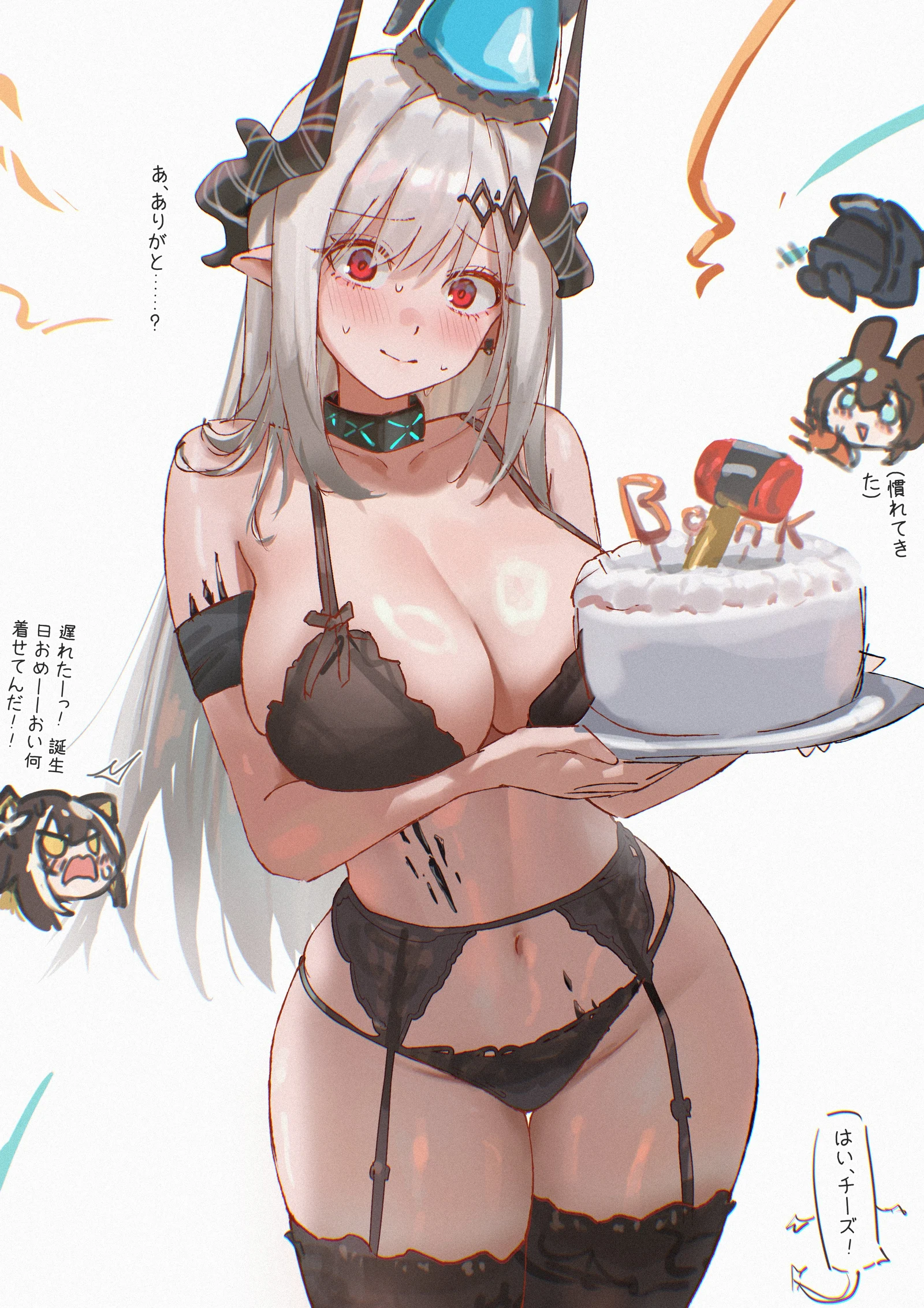 Пост #2417: uof, arknights, amiya_(arknights), doctor_(arknights), folinic_(arknights), mudrock_(arknights), 1boy, 3girls, black_bra, black_horns, black_panties, black_thighhighs, blue_hat, blush, bow