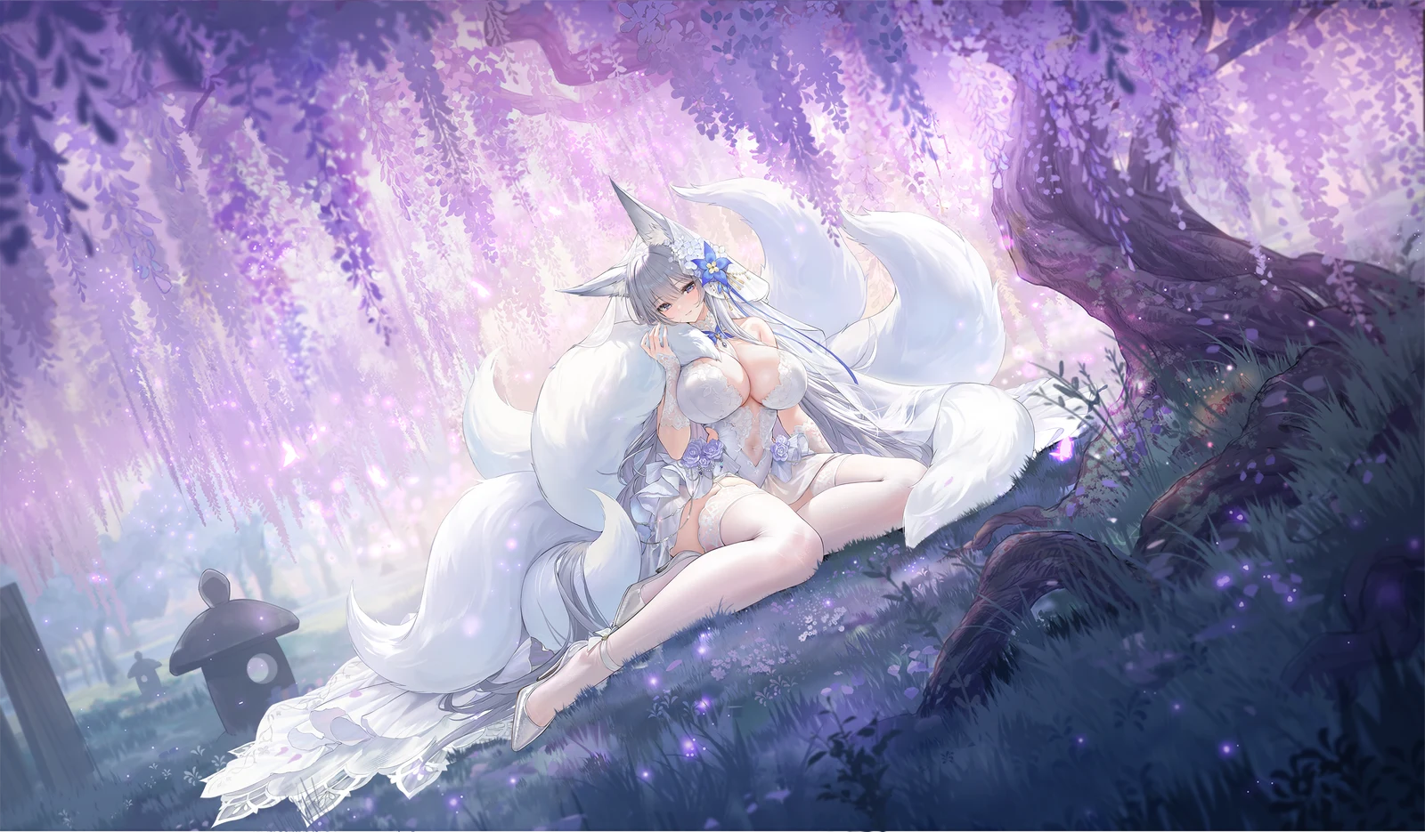 Пост #1891: azur_lane, shinano_(azur_lane), shinano_(vow_of_blossoms_and_dreams)_(azur_lane), 1girl, animal_ear_fluff, animal_ears, blue_eyes, blue_flower, breasts, bridal_veil, covered_navel, dress, flower, fluffy_tail, fox_ears