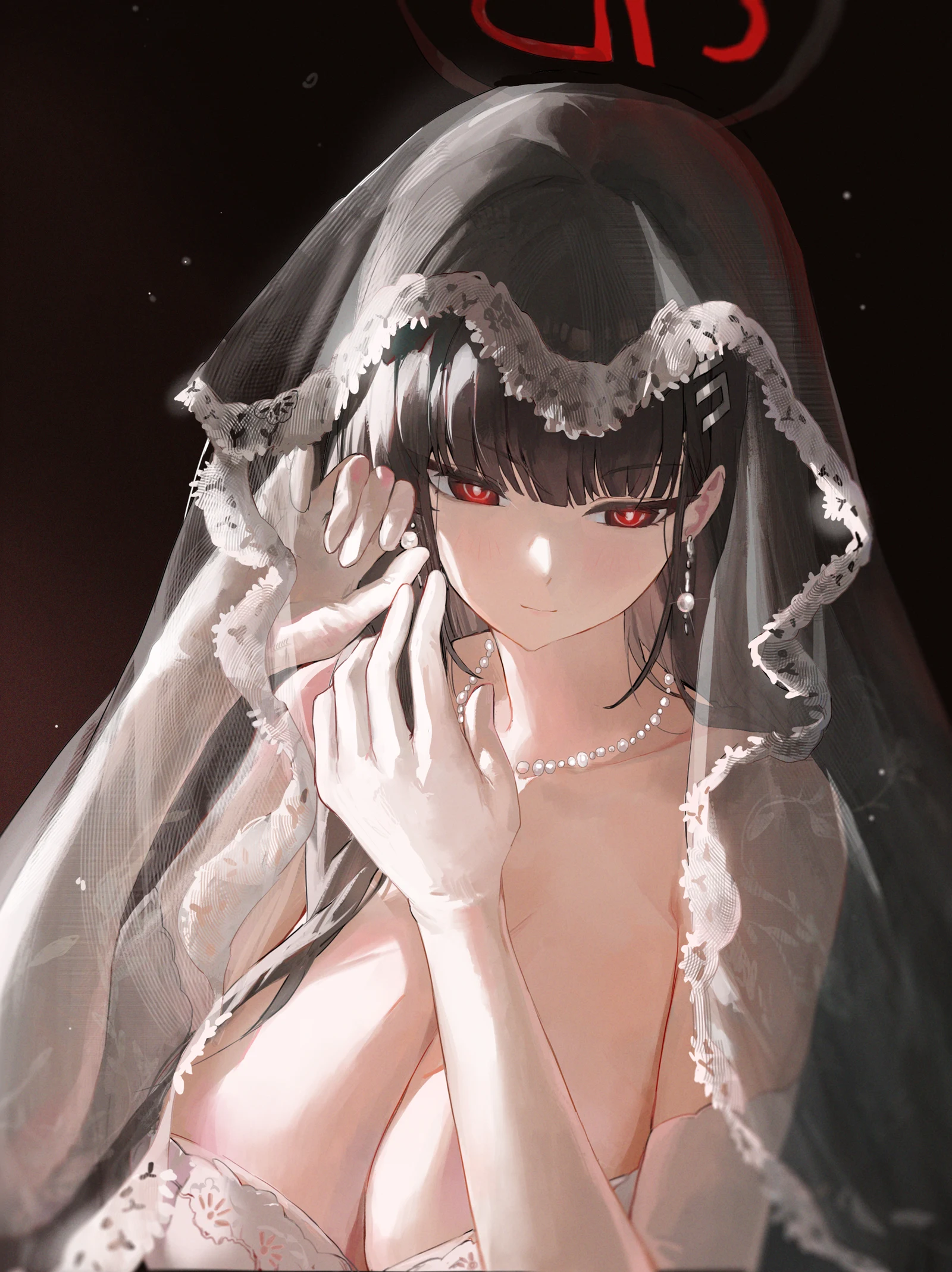 Пост #3545: jianjia, blue_archive, rio_(blue_archive), 1girl, alternate_costume, black_background, black_hair, black_halo, breasts, bridal_veil, bride, bright_pupils, cleavage, closed_mouth, earrings
