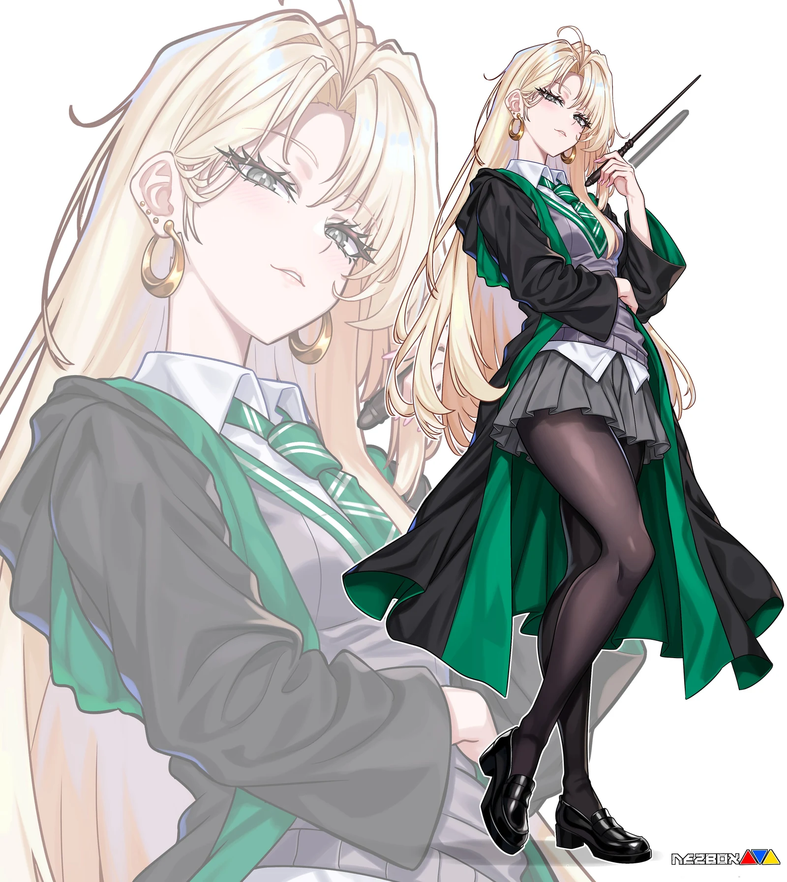 Пост #923: nez-box, harry_potter_(series), wizarding_world, malfoid, 1girl, black_pantyhose, black_robe, black_shoes, blonde_hair, curtained_hair, diagonal-striped_clothes, diagonal-striped_necktie, ear_piercing, earrings, fingernails