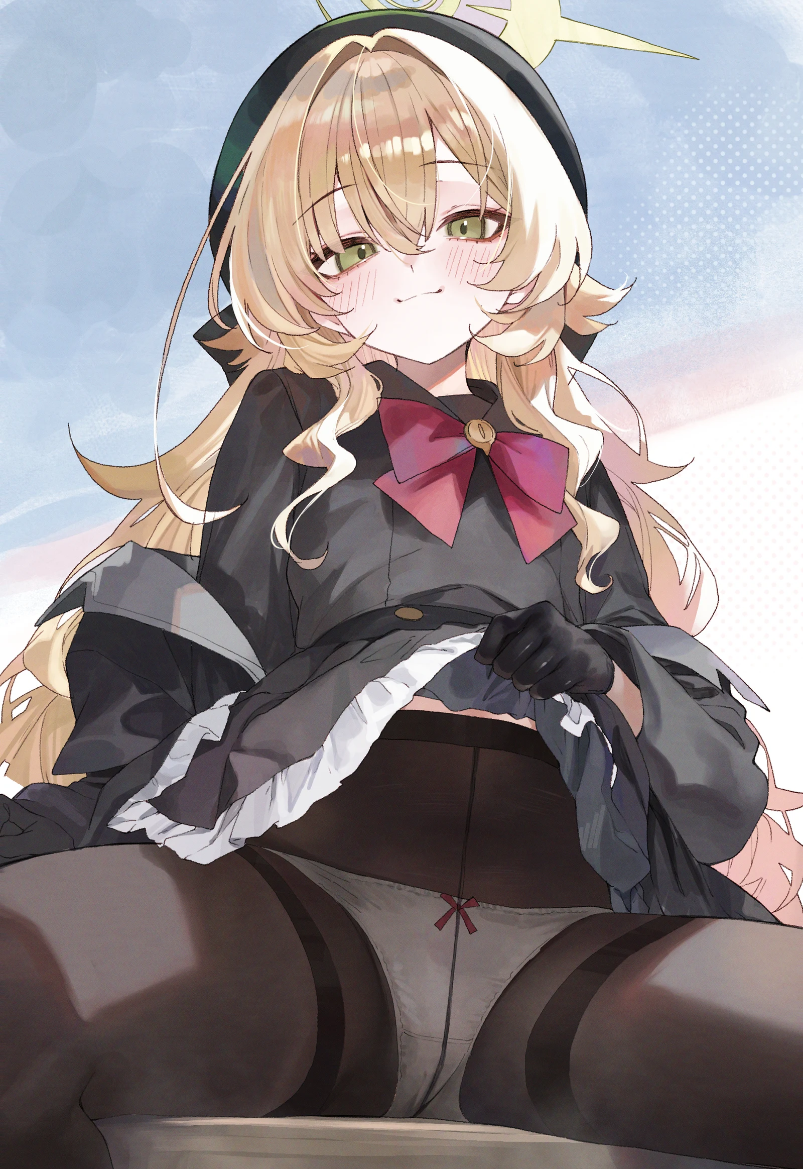 Пост #3956: suujiniku, blue_archive, professor_niyaniya_(blue_archive), :3, 1girl, beret, black_gloves, black_hat, black_pantyhose, black_serafuku, black_shirt, black_skirt, blonde_hair, blush, bow