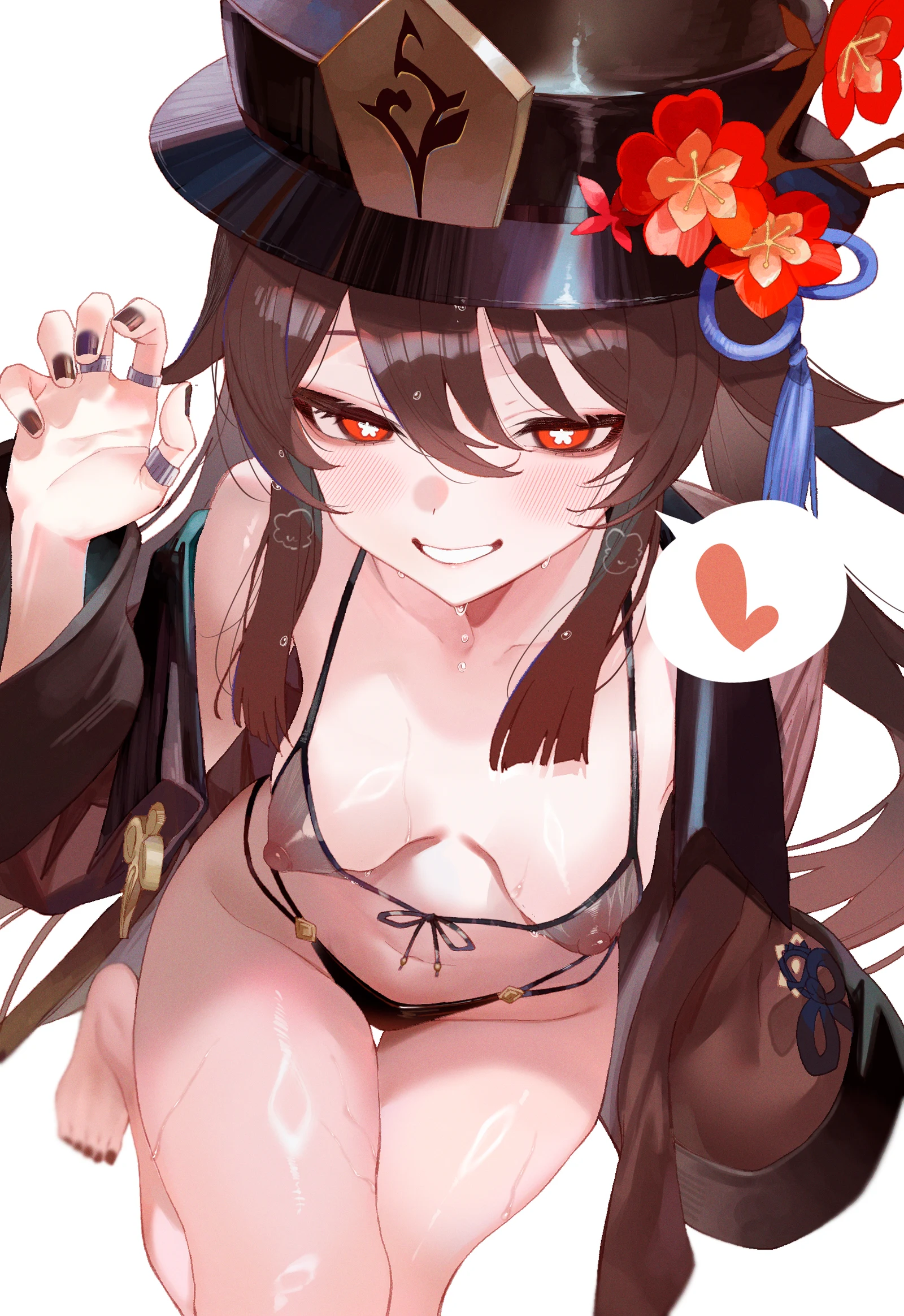 Пост #3964: suujiniku, genshin_impact, hu_tao_(genshin_impact), 1girl, alternate_costume, bikini, black_bikini, black_hat, black_nails, breasts, brown_hair, brown_jacket, covered_nipples, flower, flower-shaped_pupils