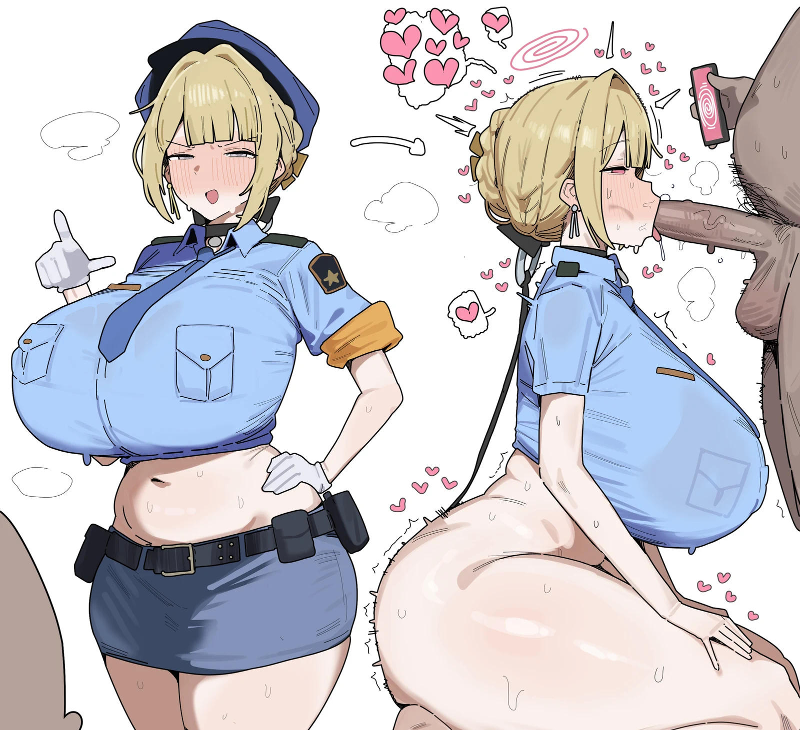 Пост #3235: citizen_k_(pngj5475), zenless_zone_zero, evelyn_chevalier, 1boy, 1girl, alternate_breast_size_(larger), alternate_costume, belt, belt_buckle, black_belt, blonde_hair, blue_necktie, blue_shirt, blue_skirt, blush