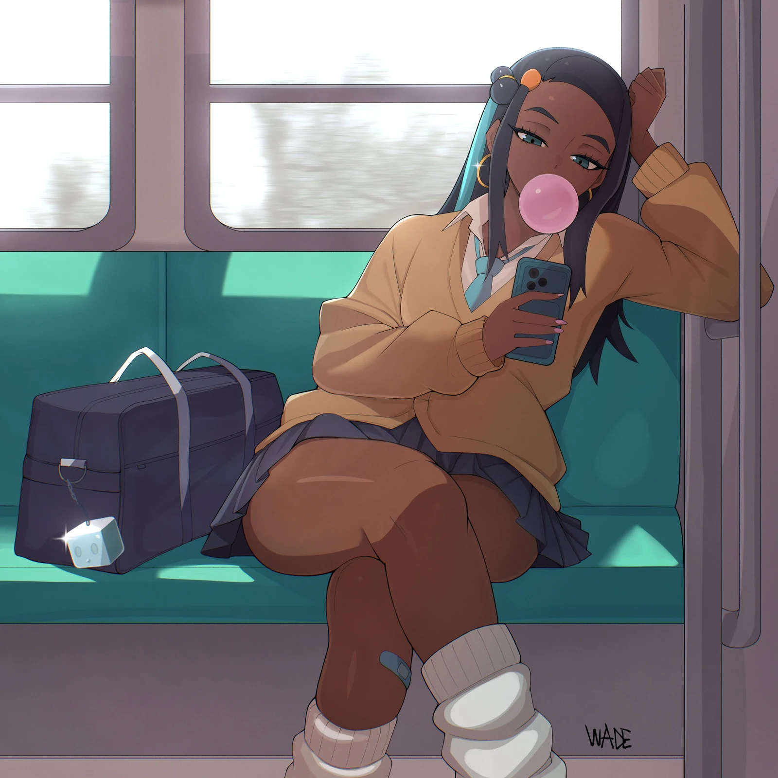 Пост #1427: wade_0w0, pokemon, pokemon_sword_and_shield, nessa_(pokemon), 1girl, artist_name, bag, bandaid, bandaid_on_leg, black_hair, blowing_bubble_gum, blue_eyes, blue_hair, brown_cardigan, cardigan