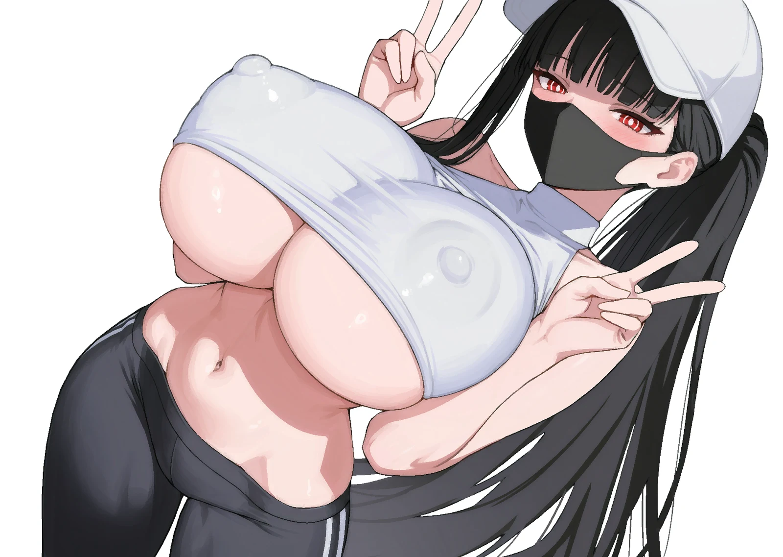 Пост #149: evil_rat, blue_archive, rio_(blue_archive), 1girl, alternate_costume, alternate_hairstyle, bare_arms, bare_shoulders, black_hair, black_pants, blush, breasts, bright_pupils, cleavage, covered_nipples