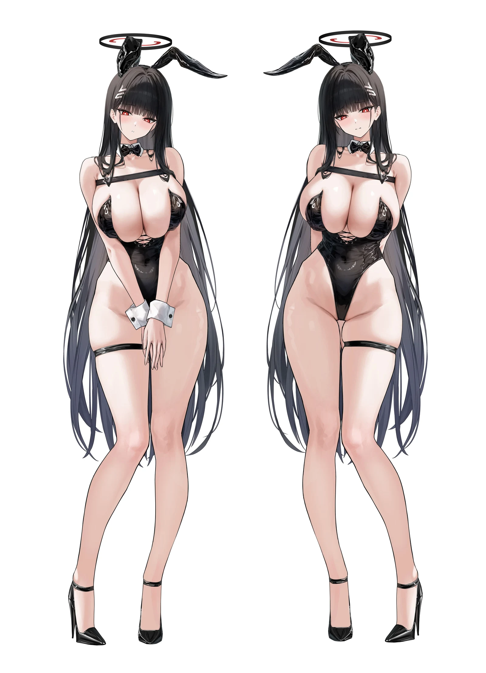 Пост #183: sab_(sab2500), blue_archive, rio_(blue_archive), 1girl, alternate_costume, animal_ears, arms_behind_back, bare_arms, bare_shoulders, black_bow, black_bowtie, black_hair, black_leotard, black_shoes, blush
