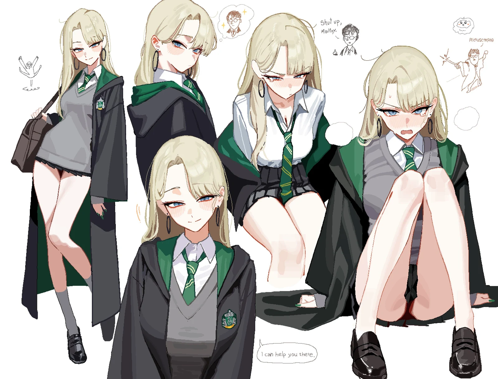Пост #910: anyak05, harry_potter_(series), wizarding_world, malfoid, 1girl, black_robe, black_skirt, blonde_hair, blue_eyes, blush, diagonal-striped_clothes, diagonal-striped_necktie, earrings, english_text, genderswap