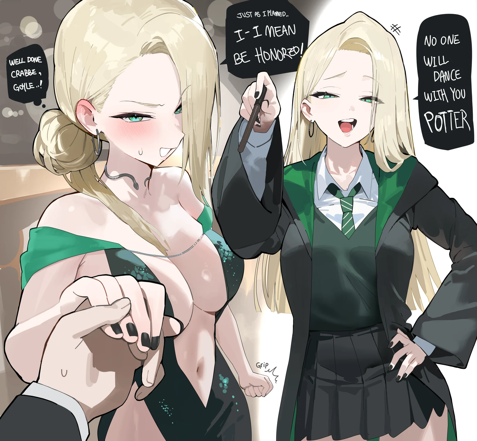 Пост #583: hood_(james_x), harry_potter_(series), harry_potter_and_the_goblet_of_fire, wizarding_world, harry_potter, malfoid, 1boy, 1girl, alternate_costume, alternate_hairstyle, black_nails, black_robe, black_skirt, black_sweater_vest, blonde_hair