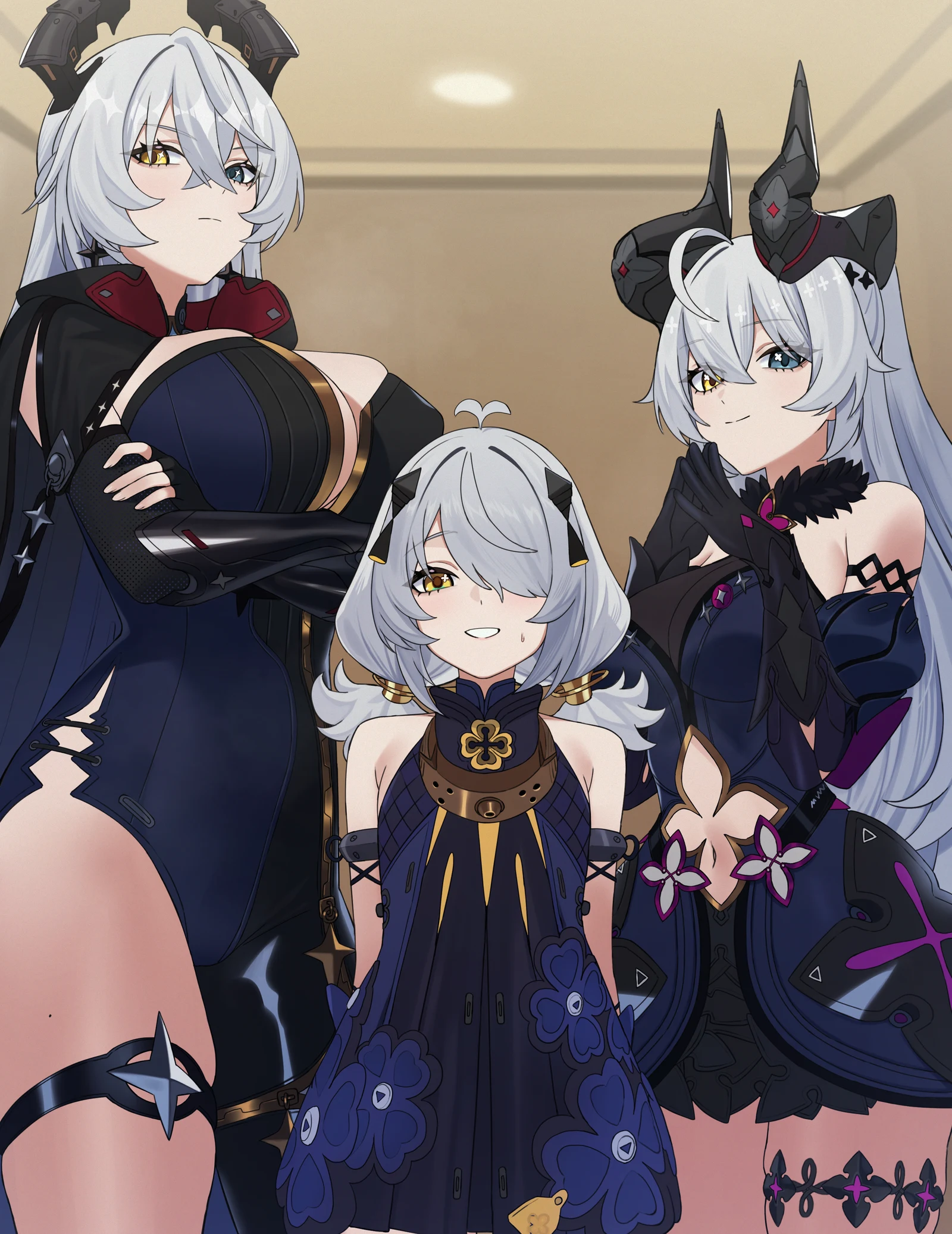 Пост #1504: senapops, zenless_zone_zero, dracaene_sunbringer, eldreda_sunbringer, lindverne_sunbringer, 3girls, bare_shoulders, black_dress, black_gloves, black_horns, blue_dress, breasts, clothing_cutout, crossed_arms, crossed_bangs