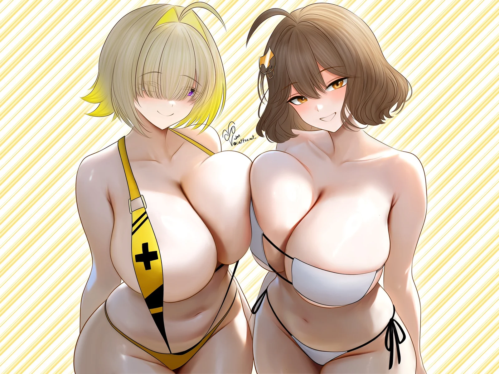 Пост #3980: catfoxart, goddess_of_victory:_nikke, anis_(nikke), anis_(sparkling_summer)_(nikke), elegg_(boom_and_shock)_(nikke), elegg_(nikke), 2girls, ahoge, artist_name, asymmetrical_docking, bikini, blonde_hair, breast_press, breasts, brown_eyes