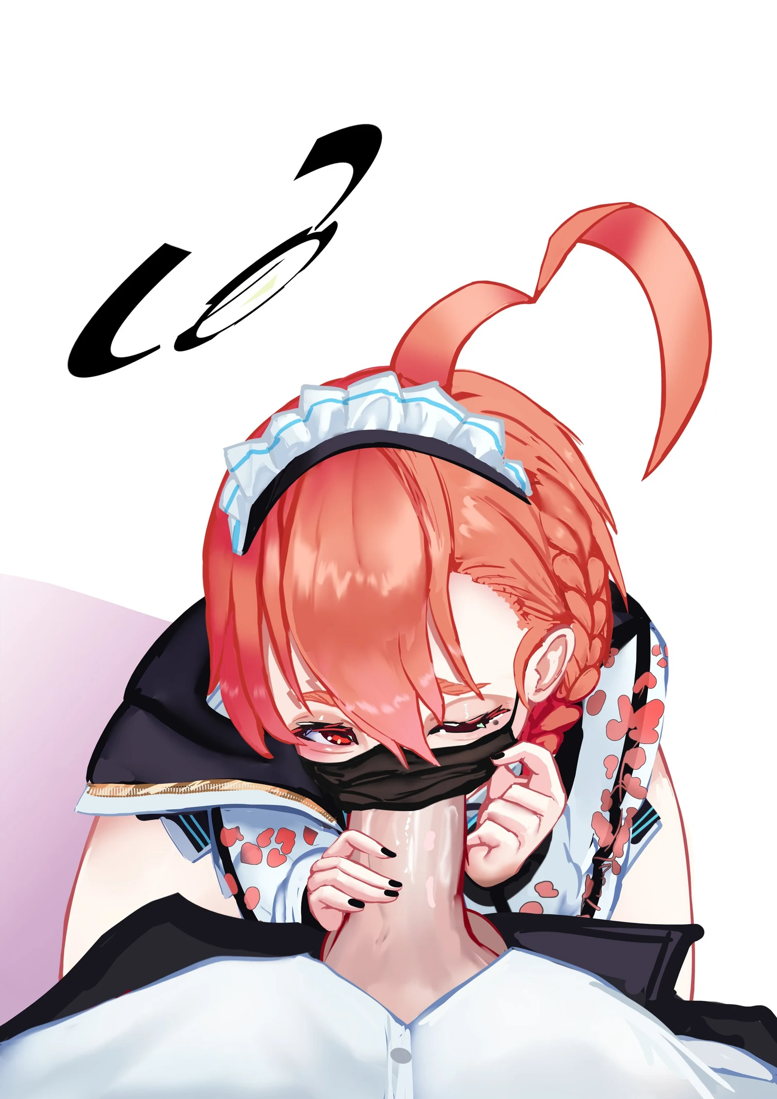 Пост #3793: rancidronin, blue_archive, neru_(blue_archive), 1girl, ahoge, black_halo, black_nails, braid, fellatio, fellatio_under_mask, from_above, halo, hand_up, heart, heart_ahoge