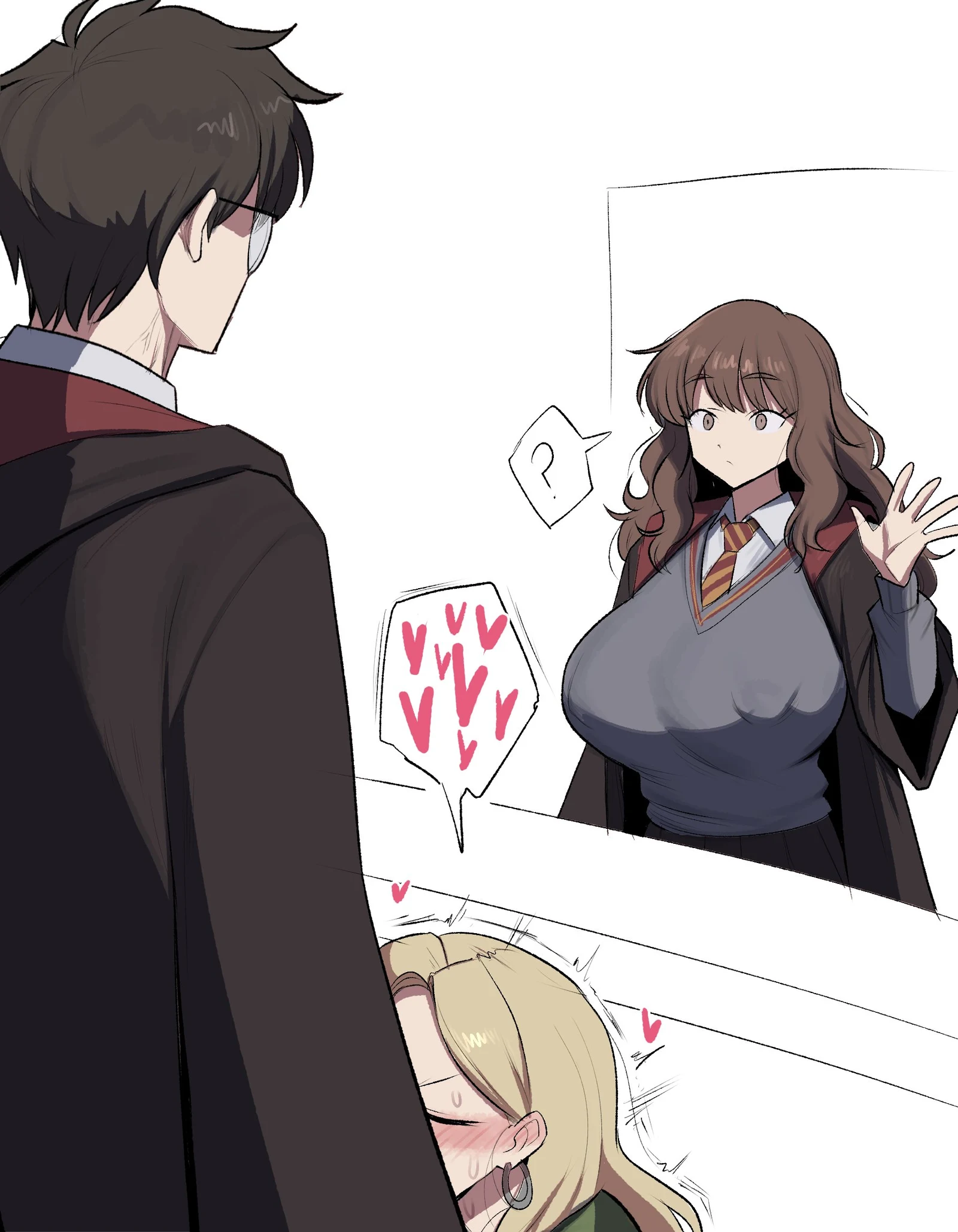 Пост #952: geulimykun, harry_potter_(series), wizarding_world, harry_potter, hermione_granger, malfoid, ?, 1boy, 2girls, alternate_breast_size_(larger), black_hair, black_robe, blonde_hair, breasts, brown_eyes