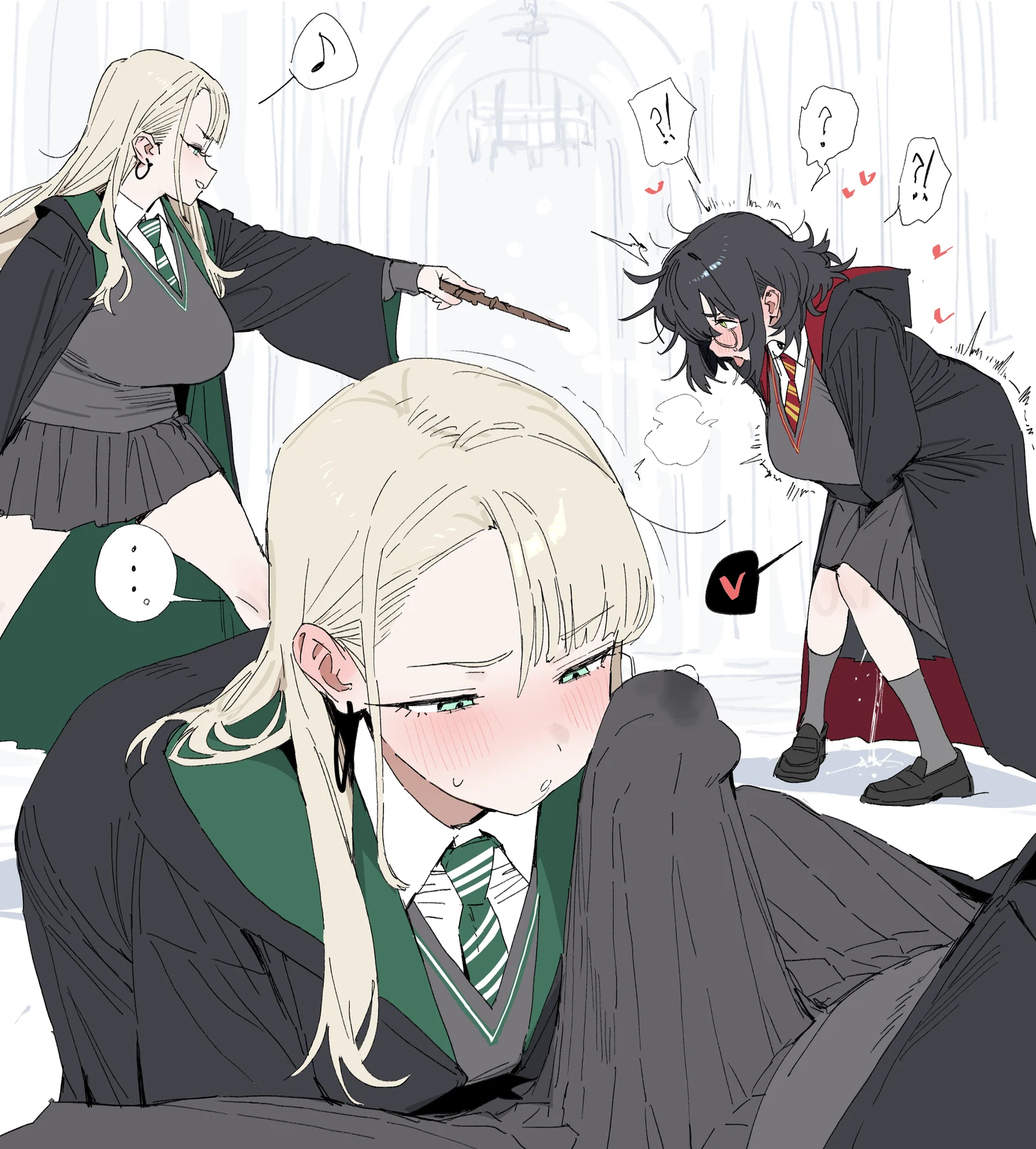 Пост #892: xipa, harry_potter_(series), wizarding_world, harry_potter, malfoid, !?, 2girls, aqua_eyes, black_hair, blonde_hair, bulge, diagonal-striped_clothes, diagonal-striped_necktie, erection, erection_under_clothes