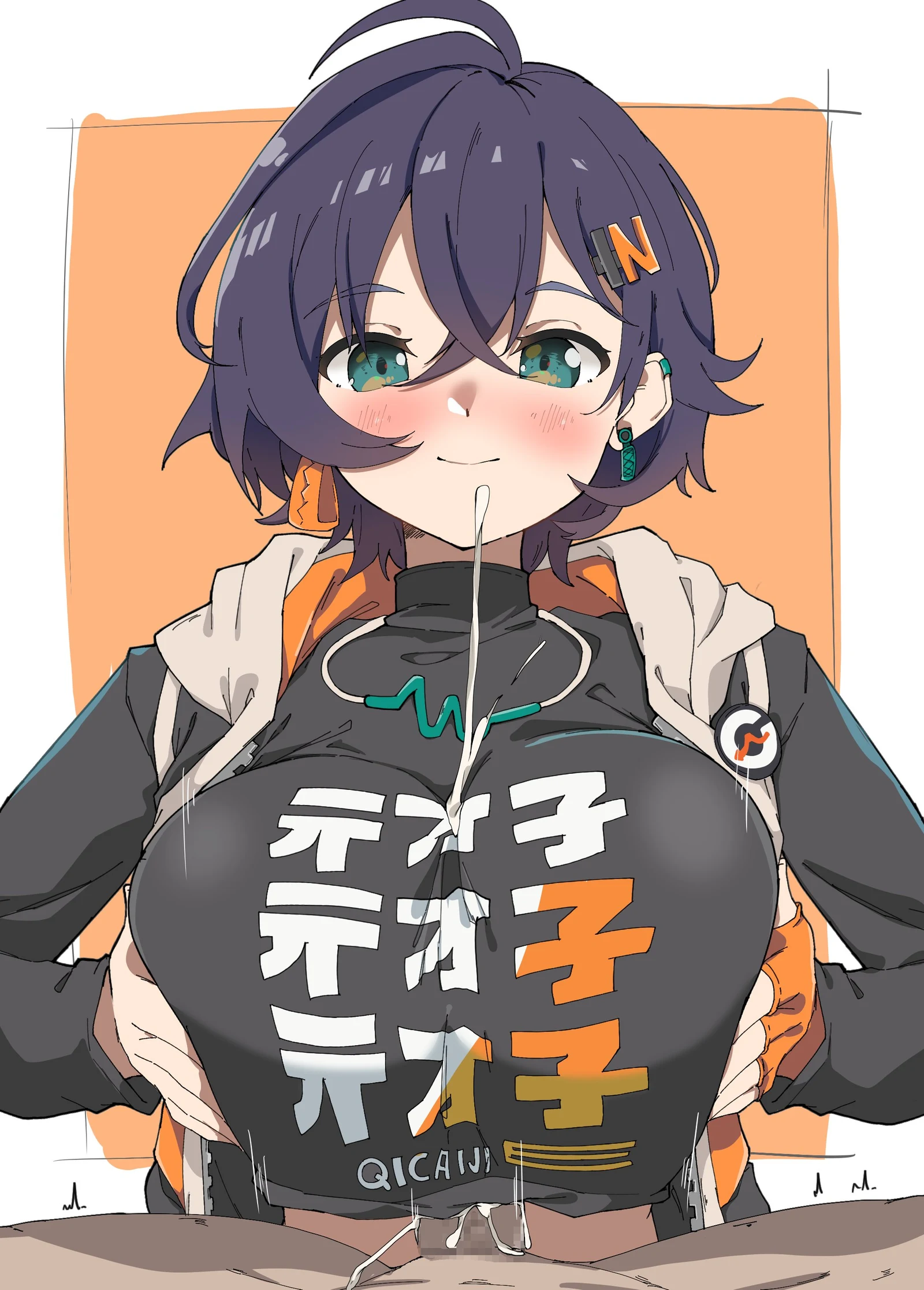Пост #1713: spy_(spy0622), zenless_zone_zero, belle_(zenless_zone_zero), 1boy, 1girl, ahoge, black_shirt, blue_hair, blush, breasts, breasts_squeezed_together, censored, closed_mouth, clothed_sex, clothes_writing