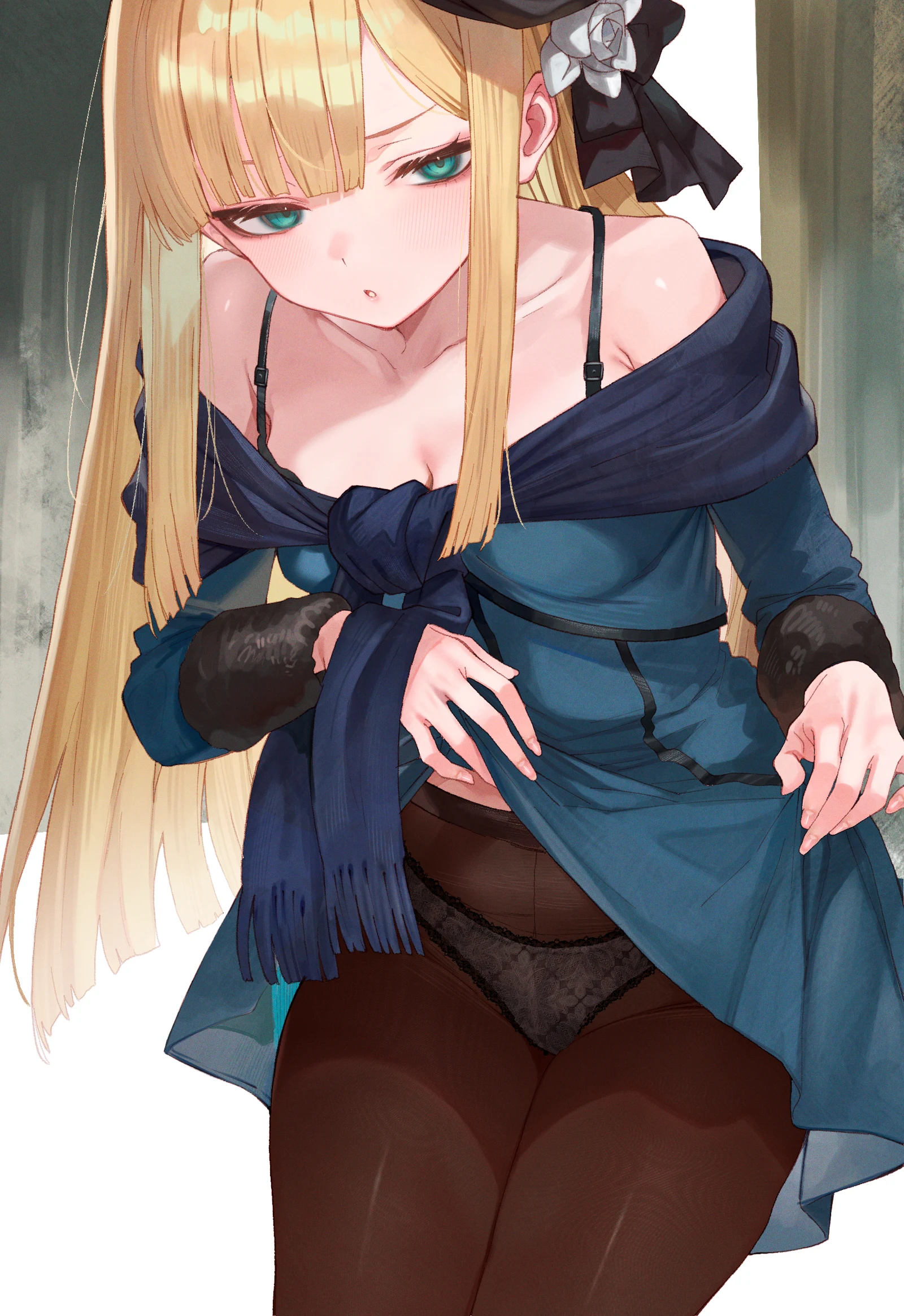 Пост #3922: suujiniku, fate_(series), fate/grand_order, lord_el-melloi_ii_case_files, reines_el-melloi_archisorte, 1girl, armpit_crease, black_bra, black_hat, blonde_hair, blue_dress, blunt_ends, bra, bra_peek, bra_strap