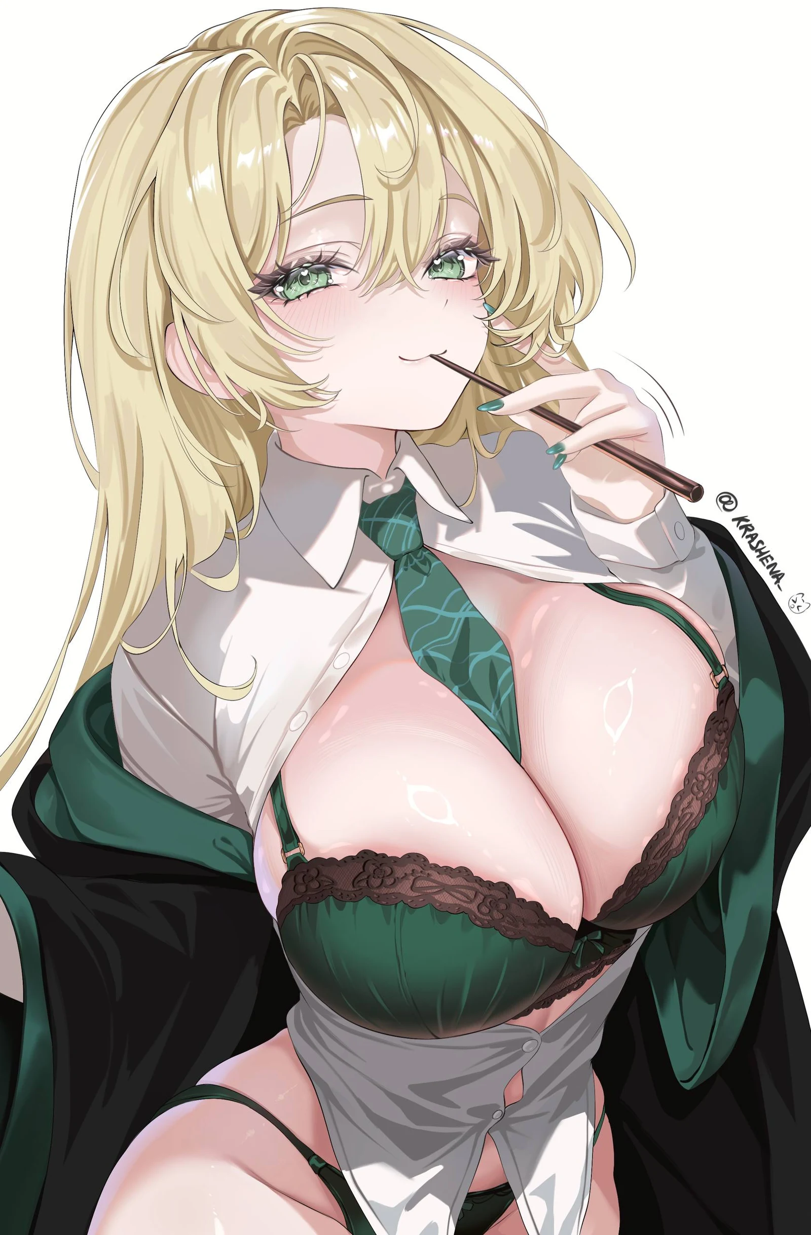 Пост #567: krashena, harry_potter_(series), wizarding_world, malfoid, 1girl, between_breasts, black_robe, blonde_hair, bra, breasts, clothes_between_breasts, diagonal-striped_clothes, genderswap, genderswap_(mtf), green_bra
