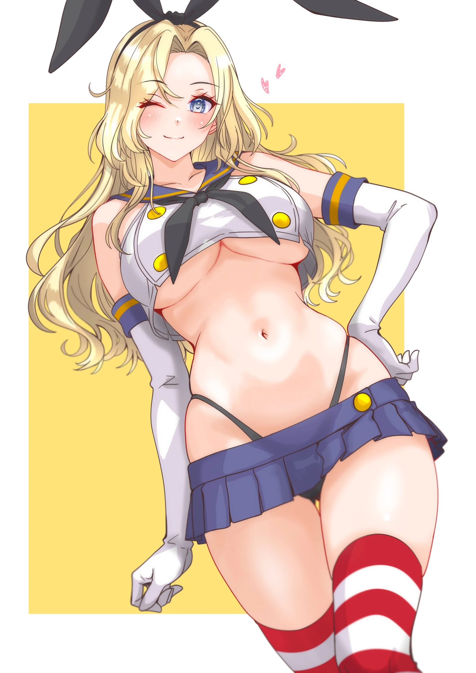 Пост #3489: nitamako_(sakamalh), kantai_collection, hornet_(kancolle), shimakaze_(kancolle), 1girl, black_neckerchief, black_panties, blonde_hair, blue_sailor_collar, border, breasts, cosplay, curtained_hair, elbow_gloves, gloves
