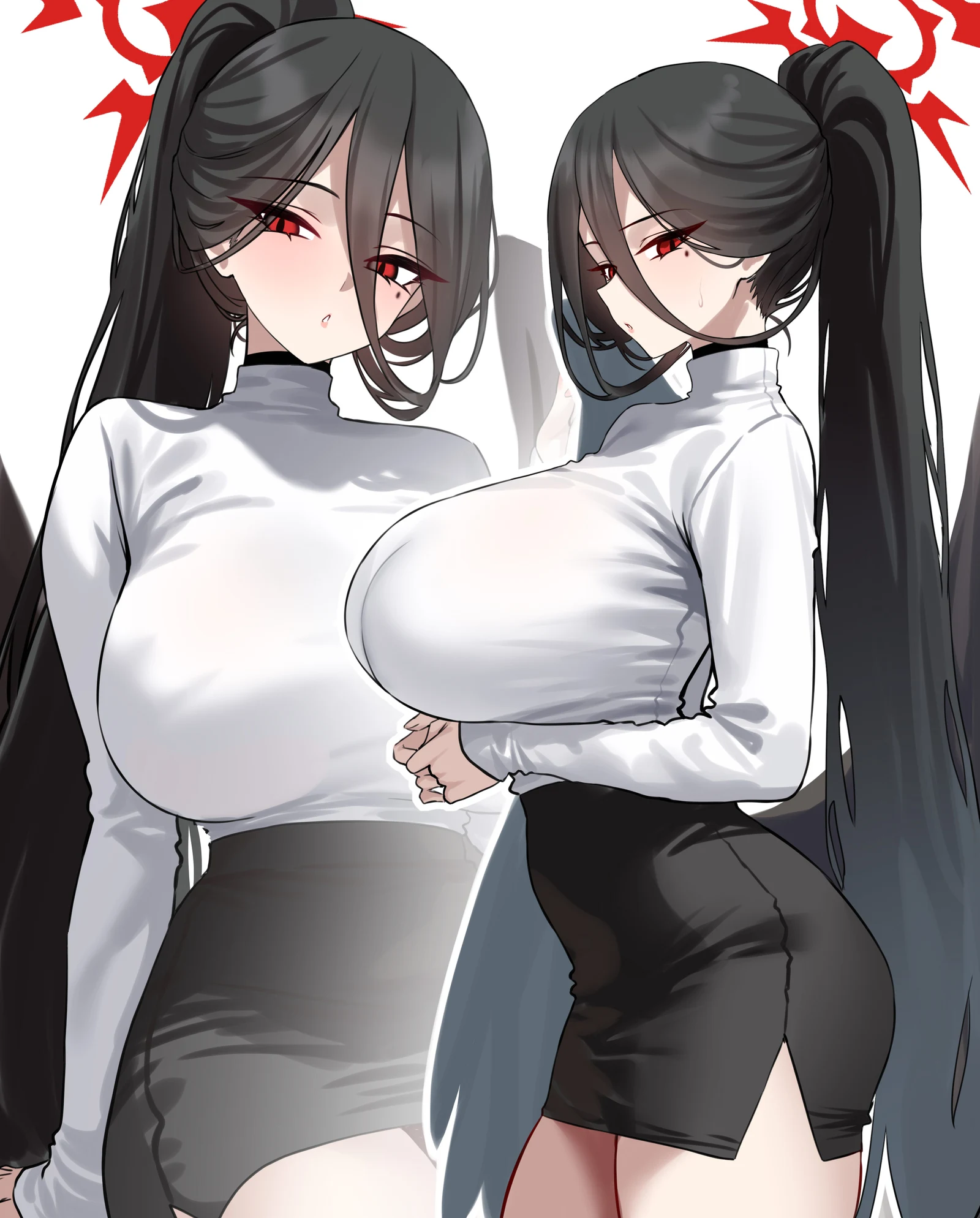 Пост #761: shigure_s, blue_archive, hasumi_(blue_archive), 1girl, black_hair, black_skirt, black_wings, breasts, halo, huge_breasts, long_hair, mole, mole_under_eye, multiple_views, pencil_skirt