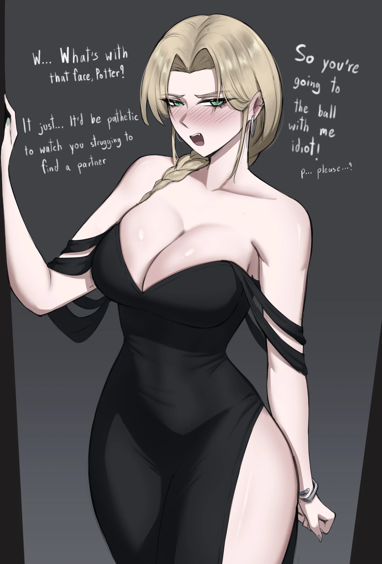Пост #847: vanillanight, harry_potter_(series), wizarding_world, malfoid, 1girl, bare_shoulders, black_dress, blonde_hair, blush, bracelet, braid, braid_over_shoulder, breasts, cleavage, curtained_hair
