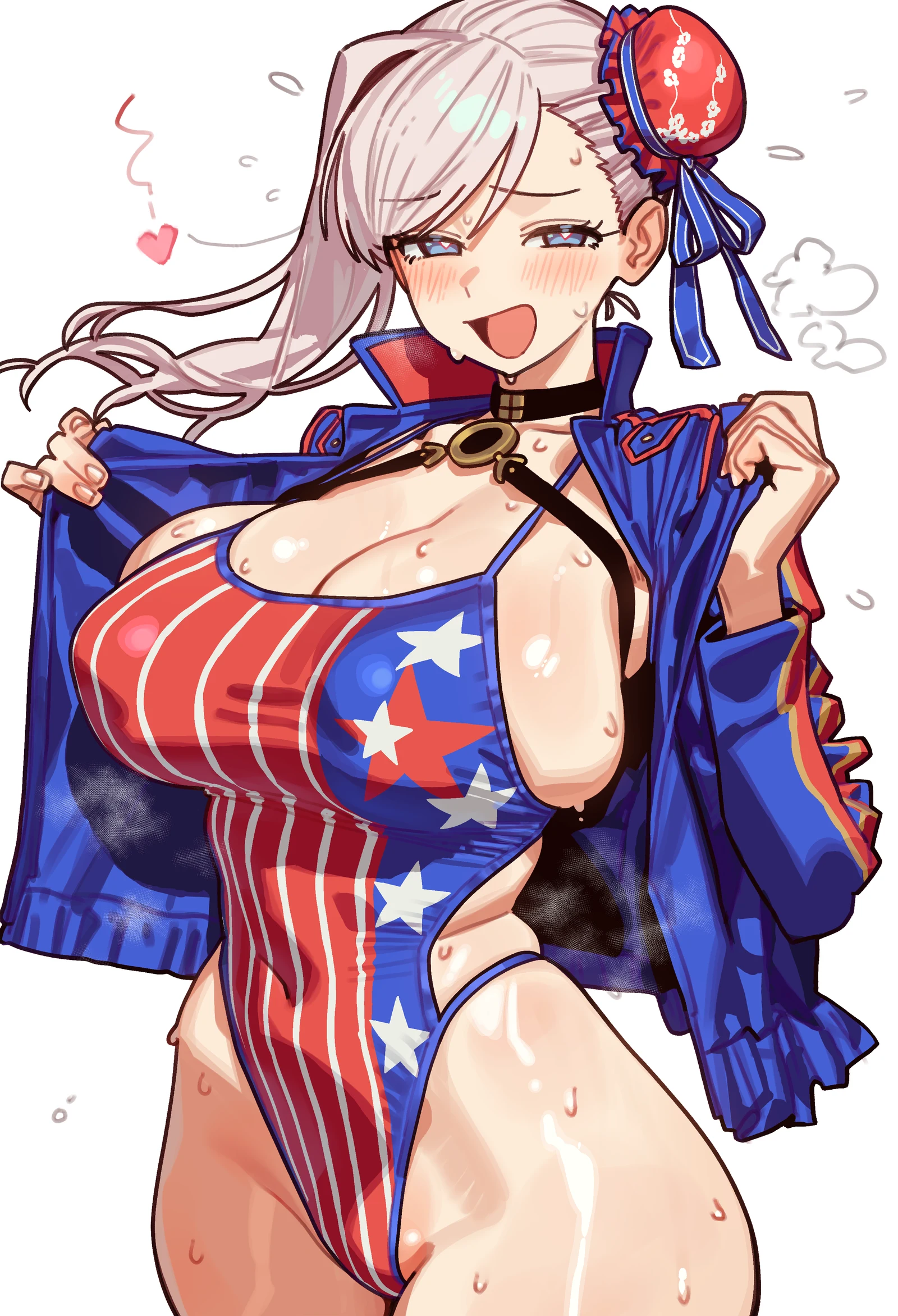 Пост #2945: ebora, fate_(series), fate/grand_order, miyamoto_musashi_(fate), miyamoto_musashi_(swimsuit_berserker)_(fate), :d, 1girl, adapted_costume, american_flag, american_flag_print, asymmetrical_hair, black_choker, blue_eyes, blue_jacket, breasts