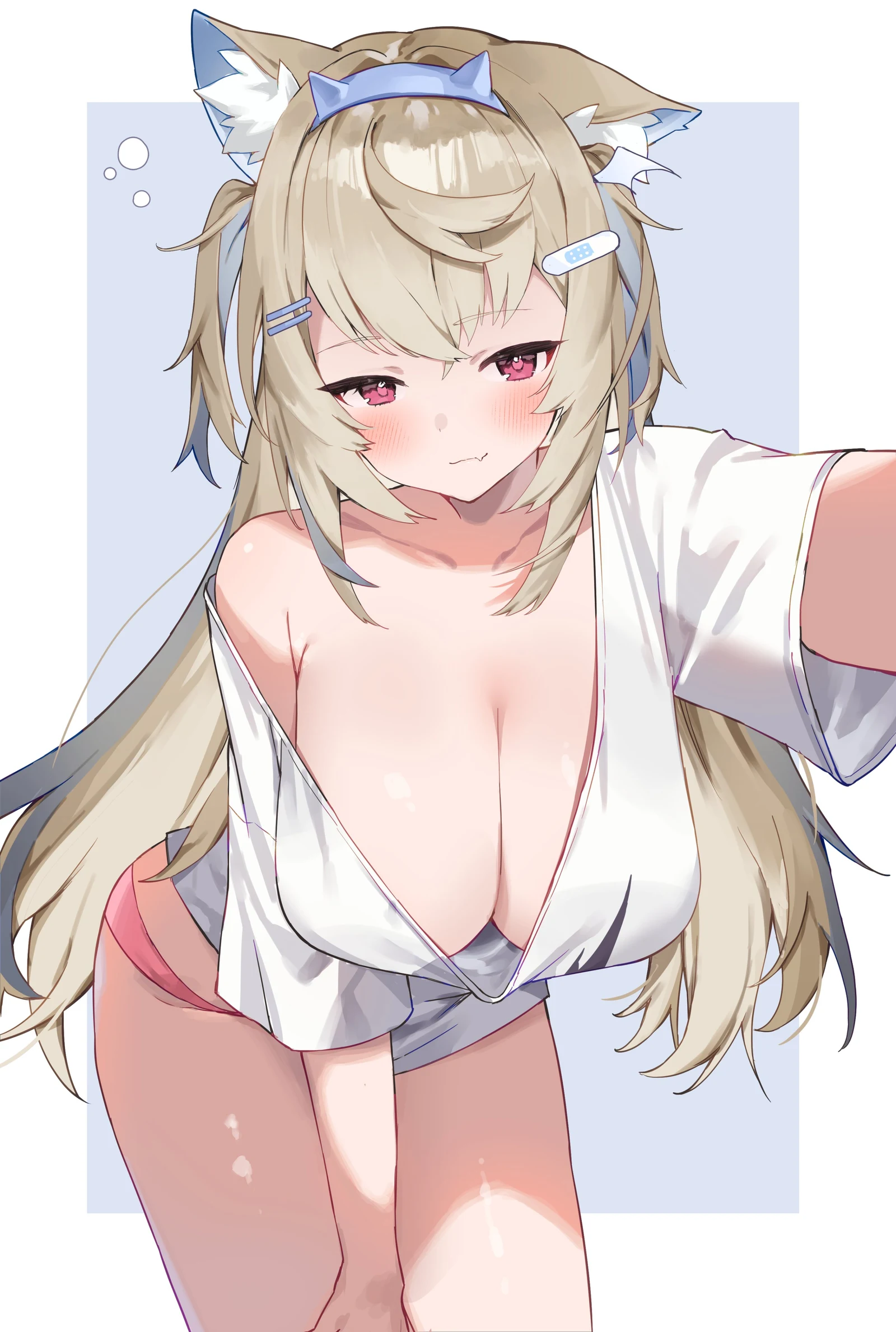 Пост #2256: manta-tan, hololive, hololive_english, fuwawa_abyssgard, 1girl, animal_ear_fluff, animal_ears, bandaid, bandaid_hair_ornament, blonde_hair, blue_background, blue_hairband, blush, border, breasts