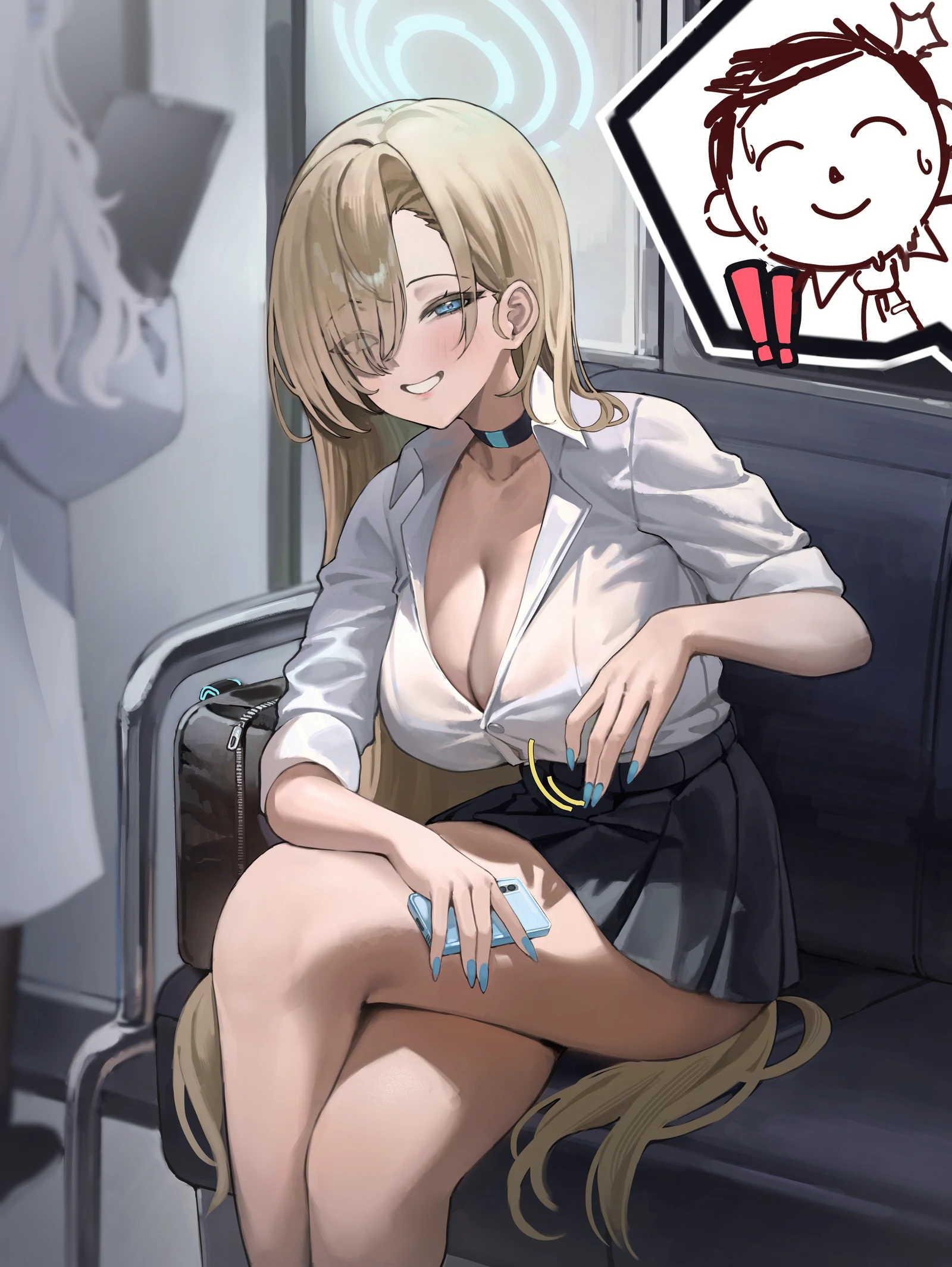 Пост #1601: akamin435, blue_archive, asuna_(blue_archive), asuna_(school_uniform)_(blue_archive), doodle_sensei_(blue_archive), sensei_(blue_archive), !, !!, 1girl, black_choker, black_skirt, blonde_hair, blue_eyes, blue_halo, blue_nails
