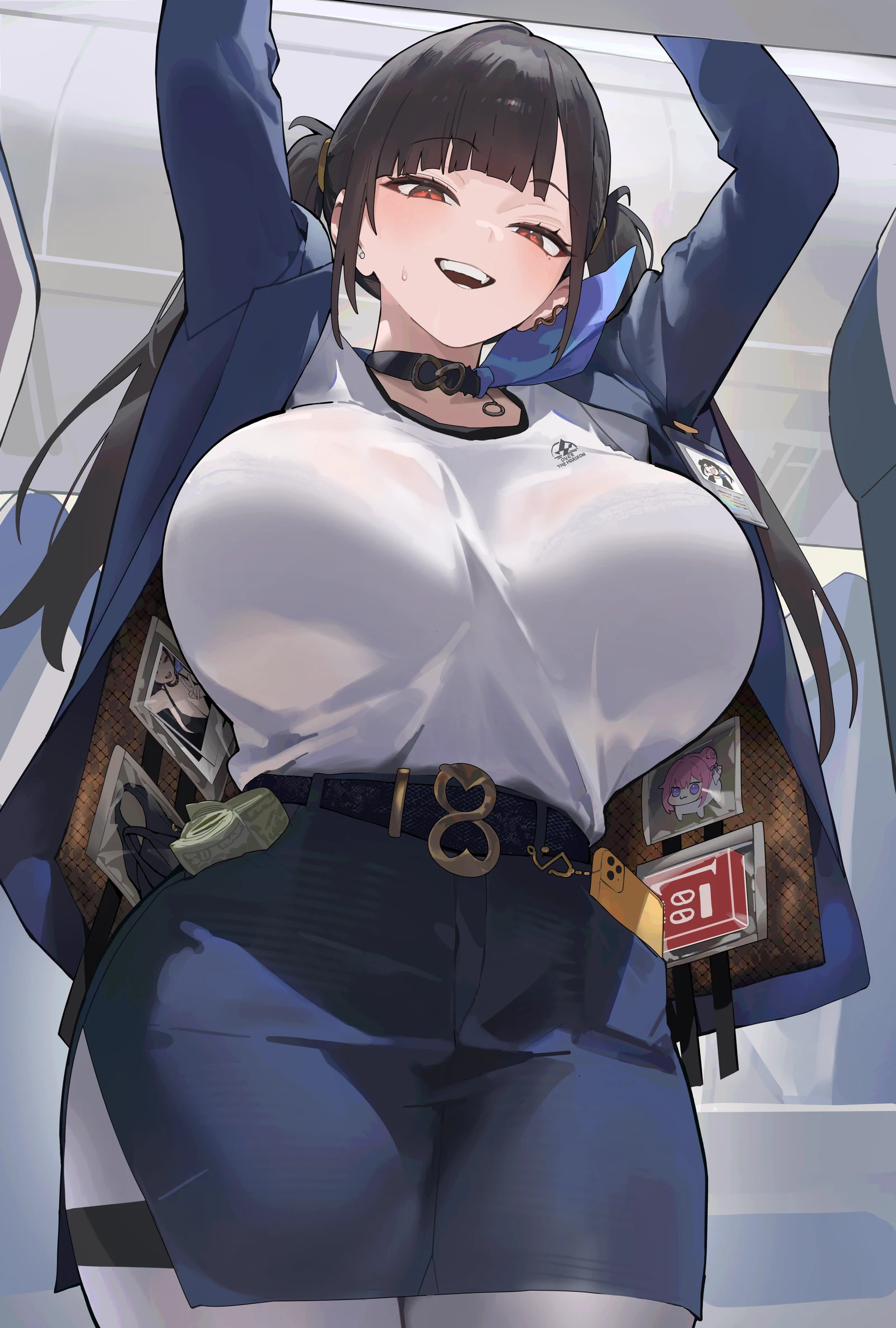 Пост #2318: hood_(james_x), goddess_of_victory:_nikke, doro_(nikke), sora_(nikke), :d, 1girl, airplane_interior, arms_up, black_choker, black_hair, blue_skirt, blush, breasts, choker, cleavage